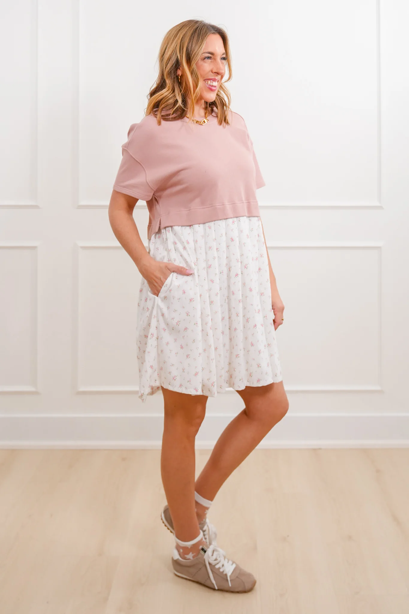 Short Sleeve Mixed Media Knit Floral Mini Dress - Image 4