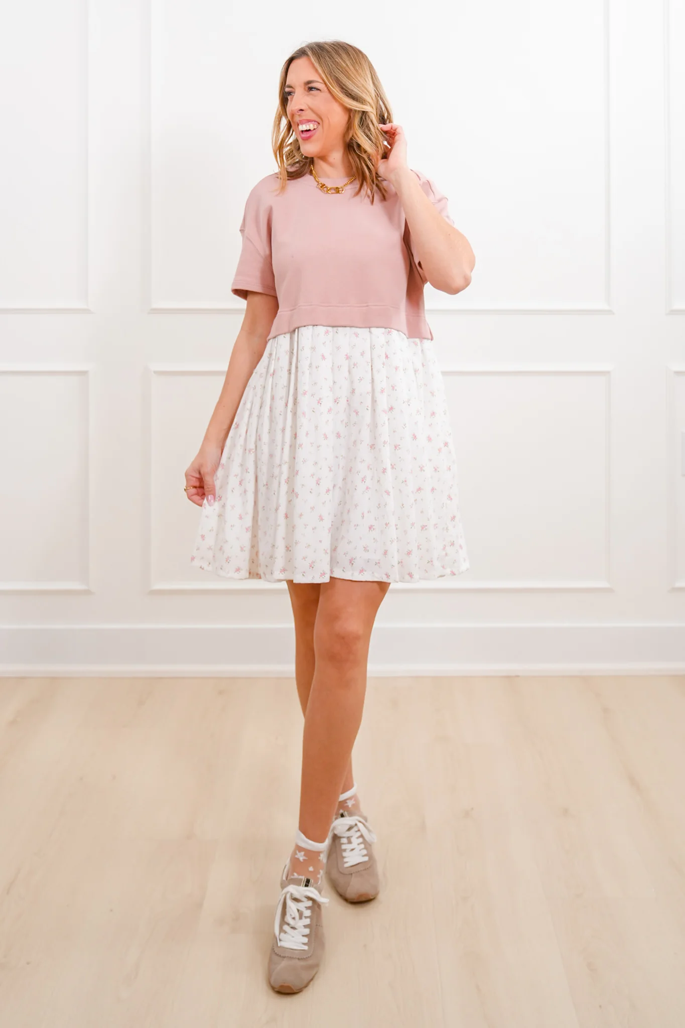 Short Sleeve Mixed Media Knit Floral Mini Dress - Image 7