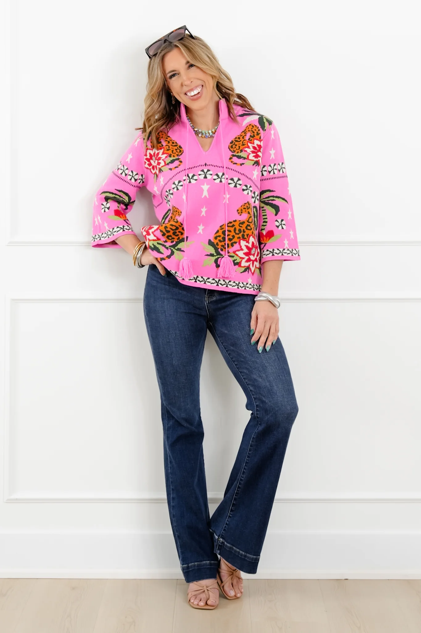 Mixed Print 3/4 Sleeve Pullover Sweater - Image 5