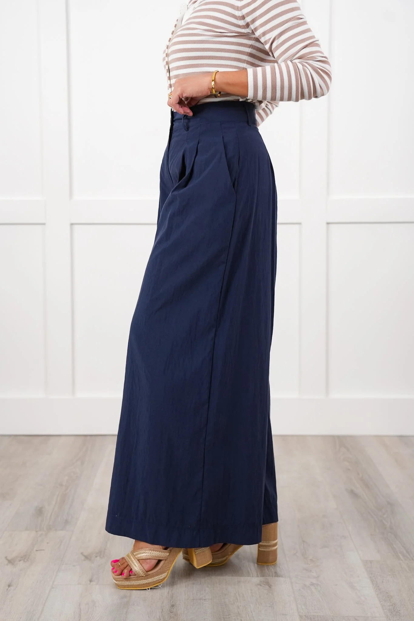 Navy Pleated High Waist Wide Leg Pants - Image 4
