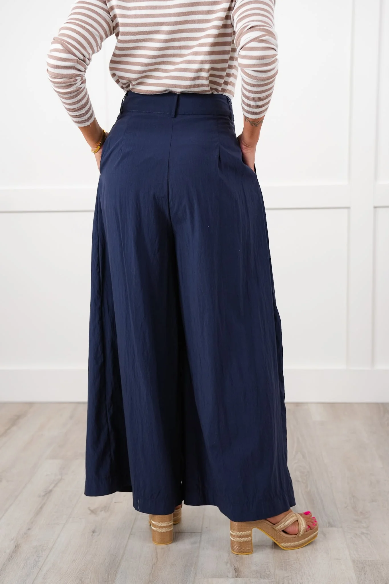 Navy Pleated High Waist Wide Leg Pants - Image 5