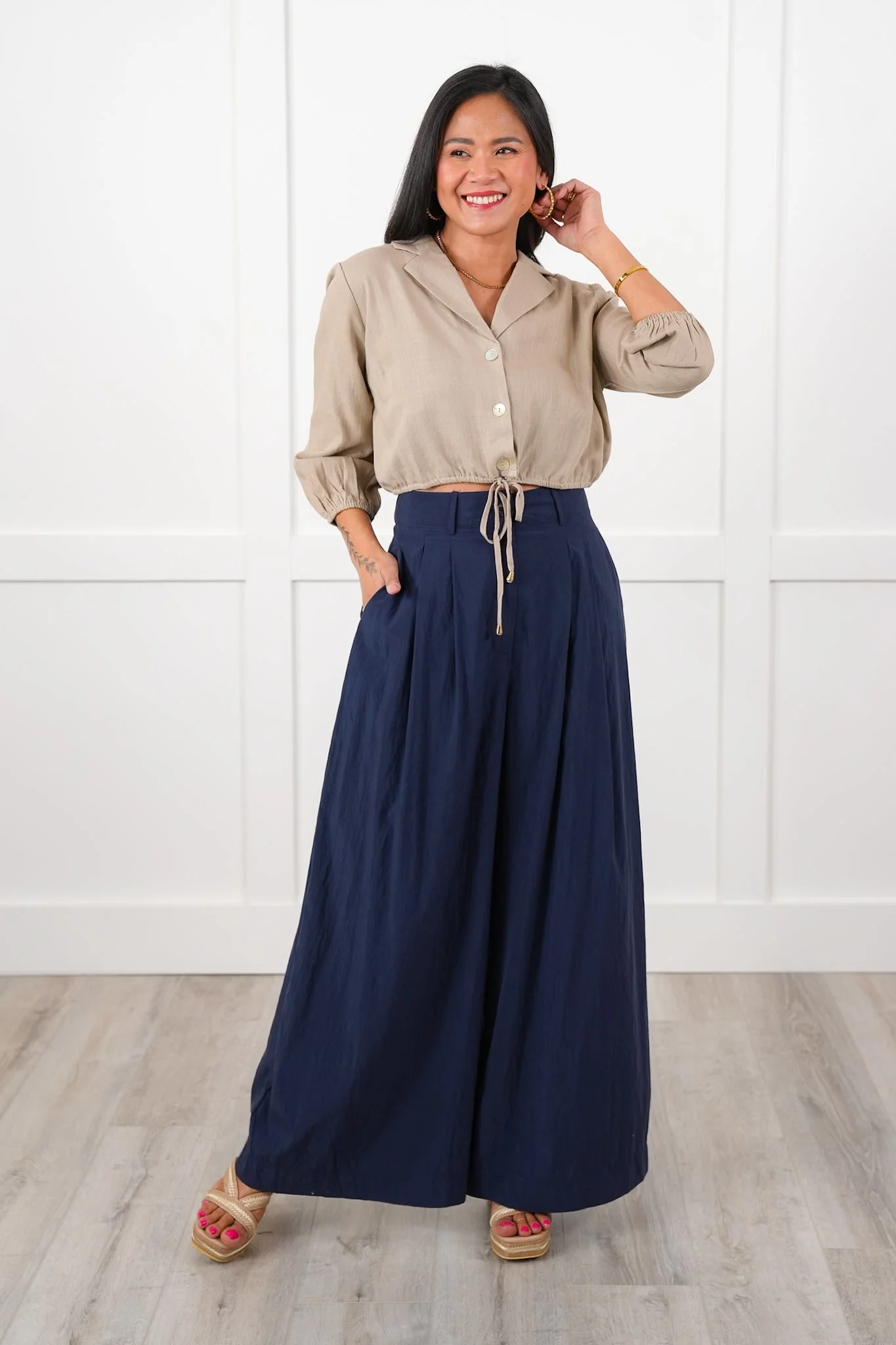 Navy Pleated High Waist Wide Leg Pants - Image 6