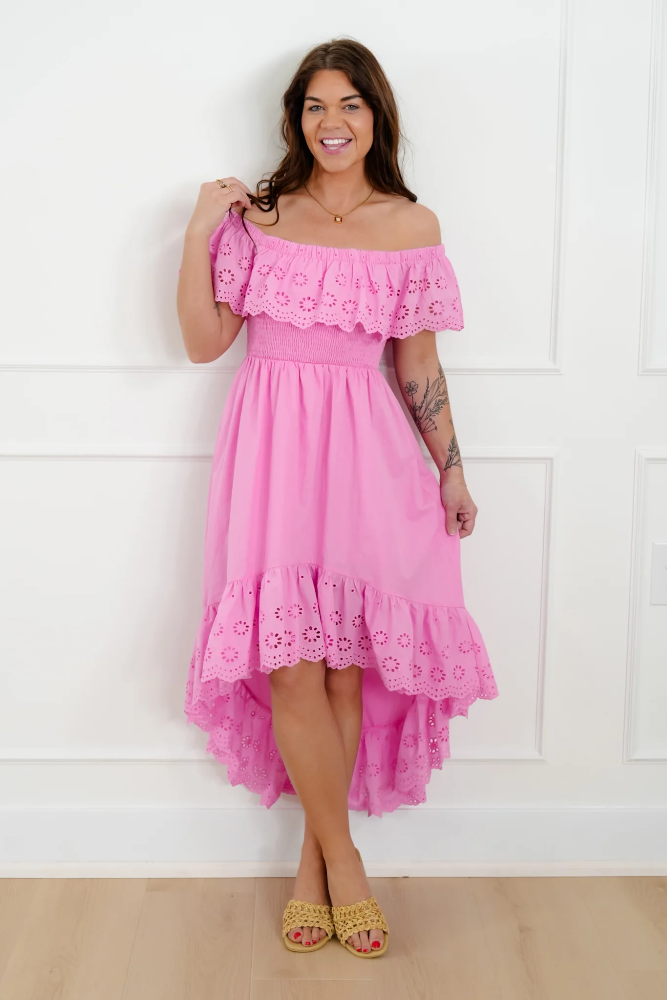 Off Shoulder High Low Dress with Eyelet Ruffle - Image 2