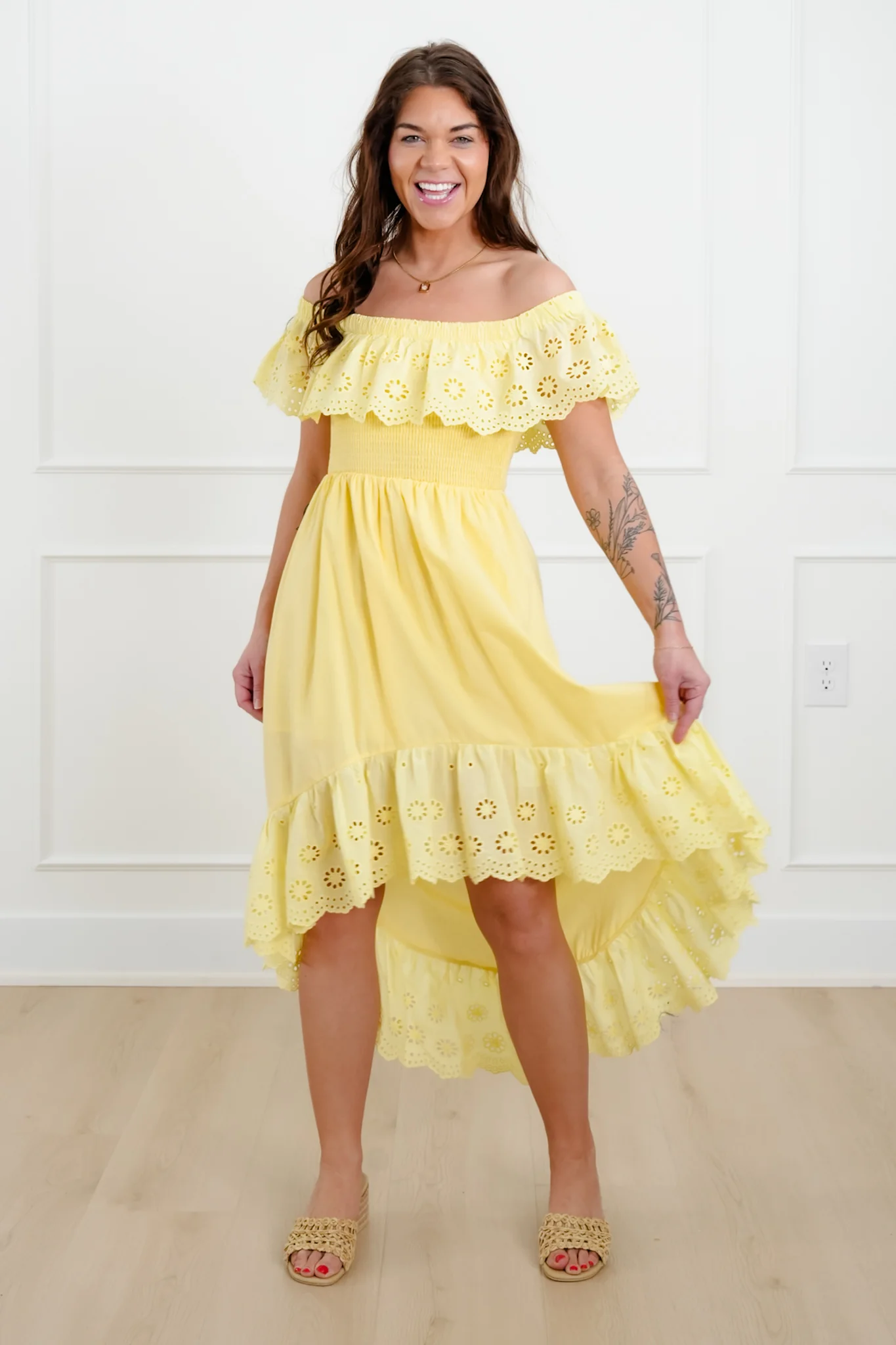 Off Shoulder High Low Dress with Eyelet Ruffle - Image 3