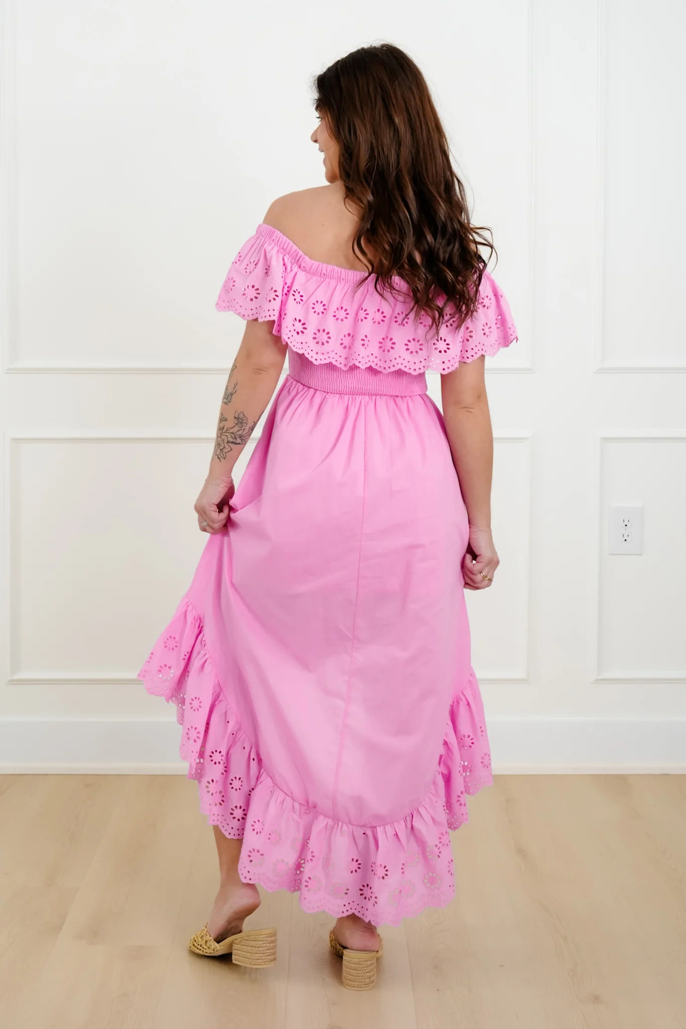 Off Shoulder High Low Dress with Eyelet Ruffle - Image 5