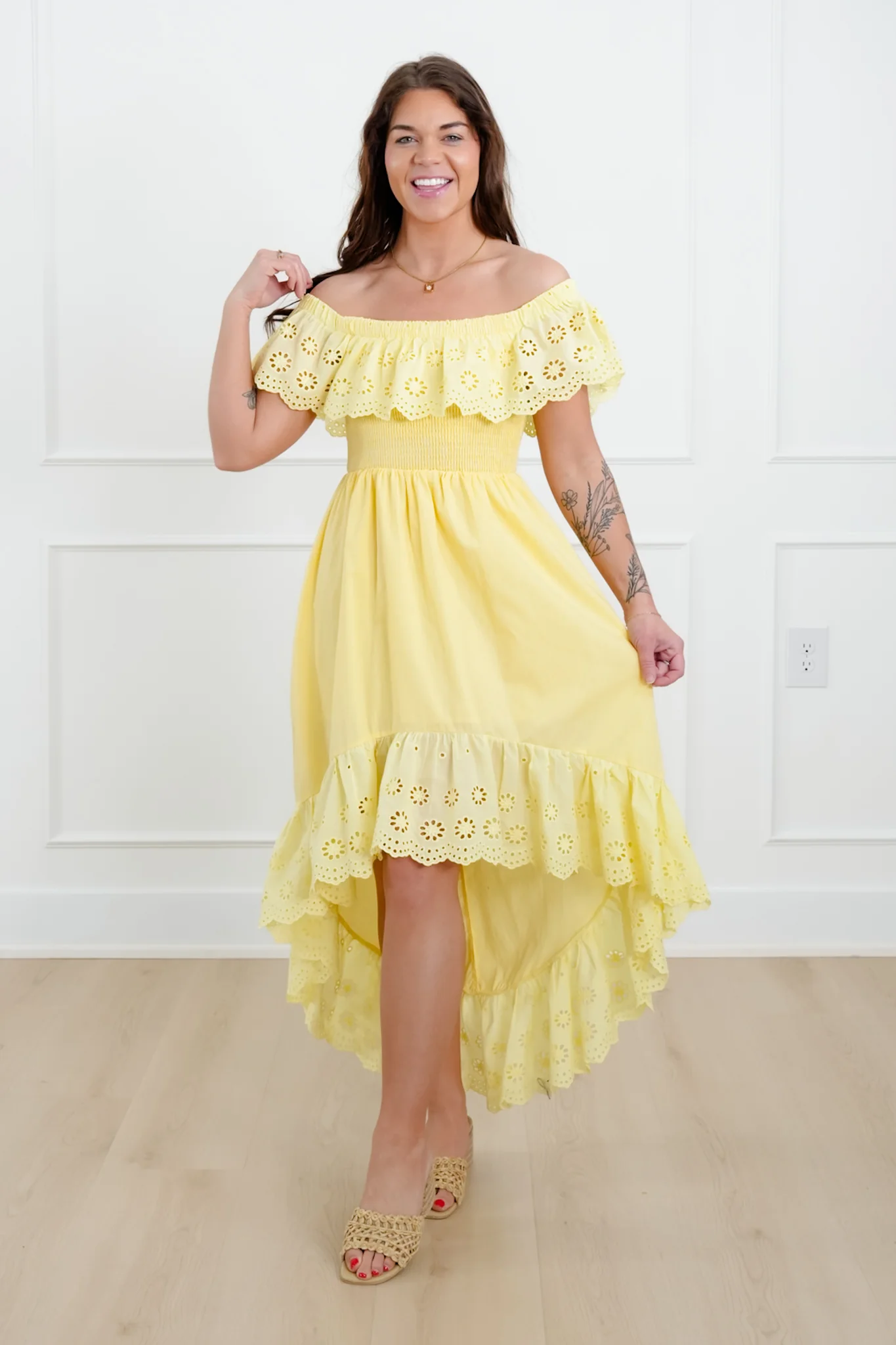 Off Shoulder High Low Dress with Eyelet Ruffle - Image 6