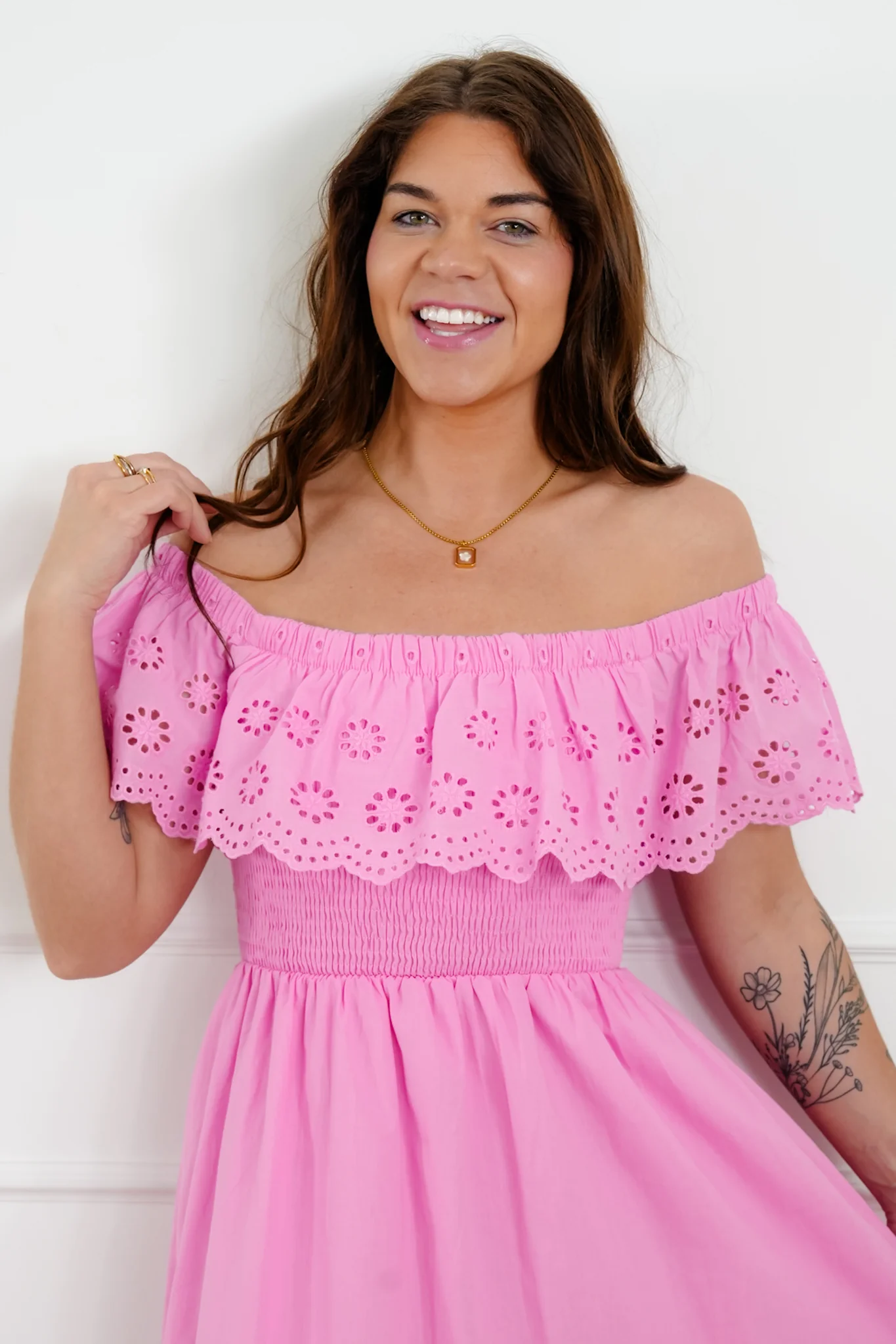 Off Shoulder High Low Dress with Eyelet Ruffle - Image 7