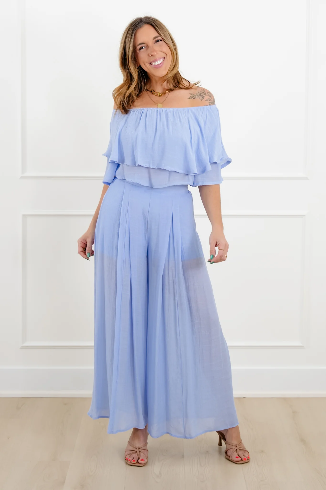 Off Shoulder Ruffle Top and Pant Set - Image 3