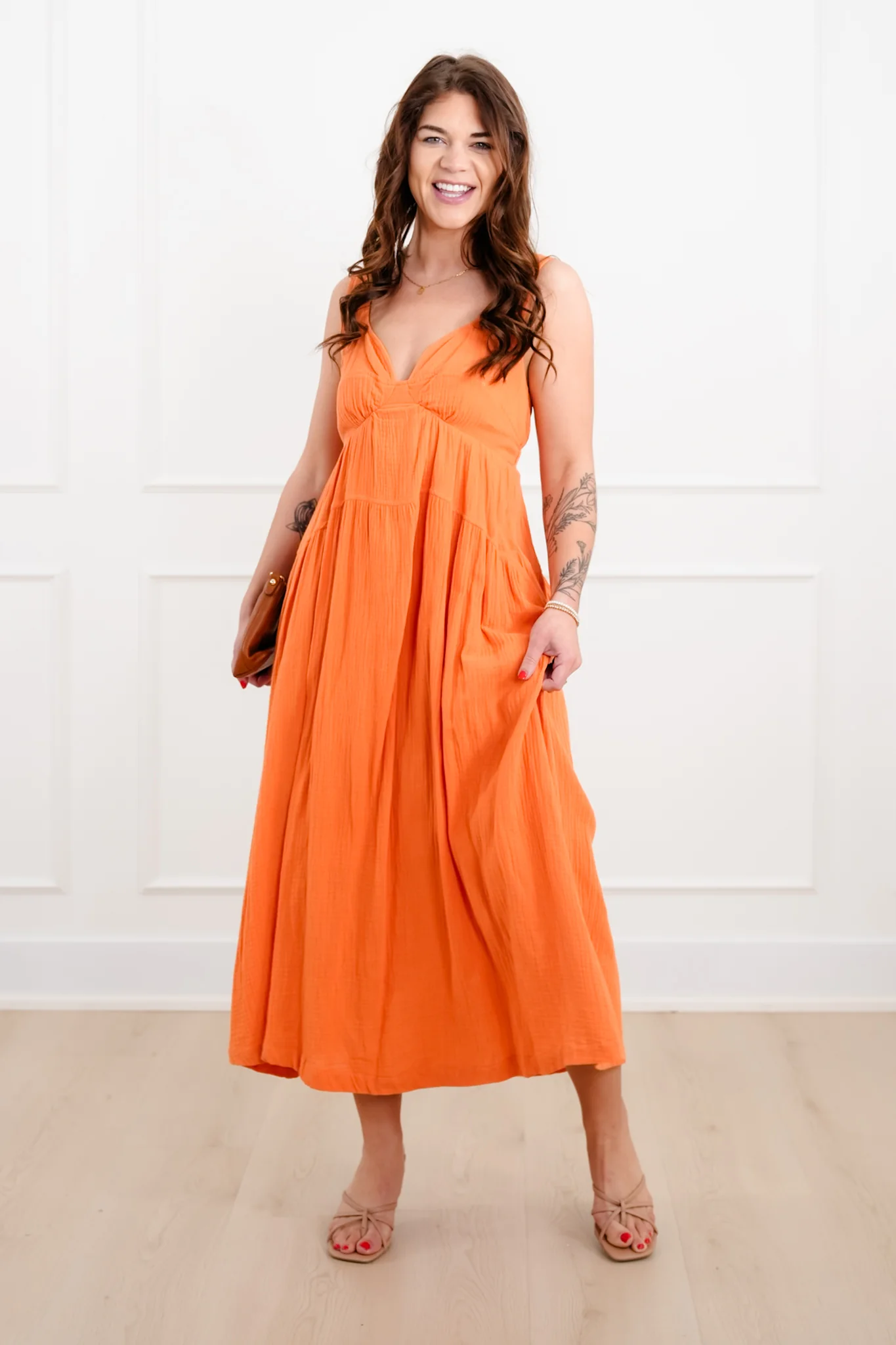 Orange Gauze Sleeveless V Neck Maxi Dress - Image 6