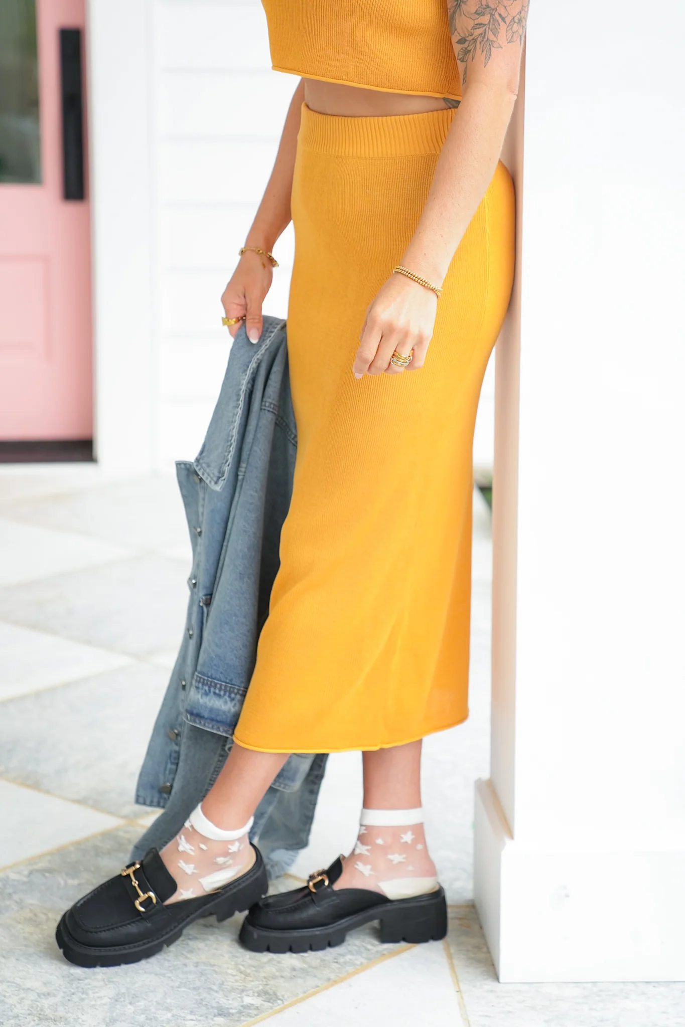 Orange Ribbed Knit Midi Skirt - Image 3