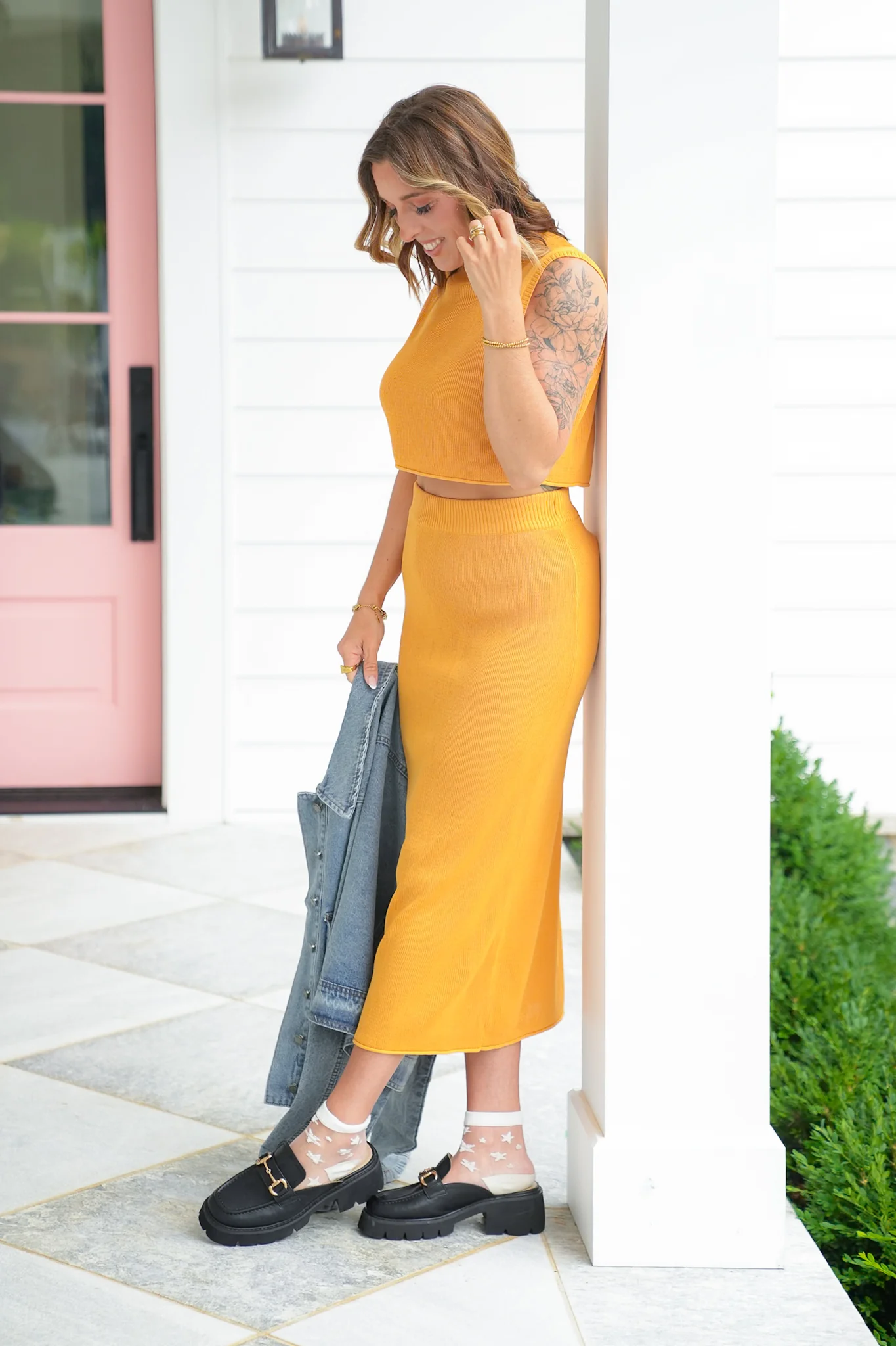 Orange Ribbed Knit Midi Skirt - Image 4