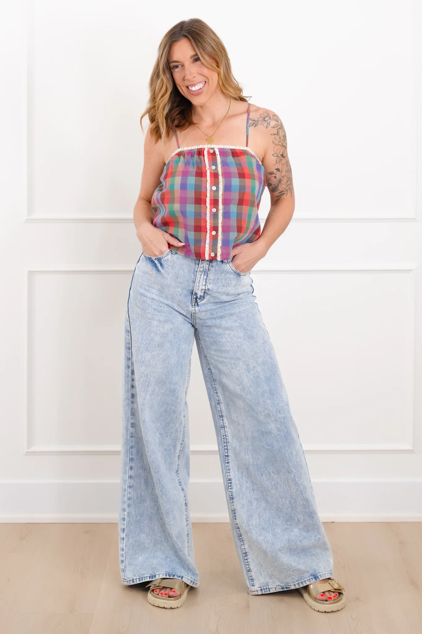 Plaid Cami Top with Lace Detail - Image 3