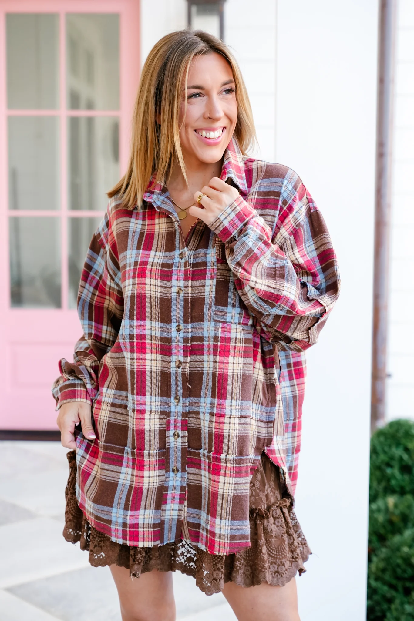 Plus/Reg Plaid Mineral Wash Long Sleeve Button Down Top - Image 2