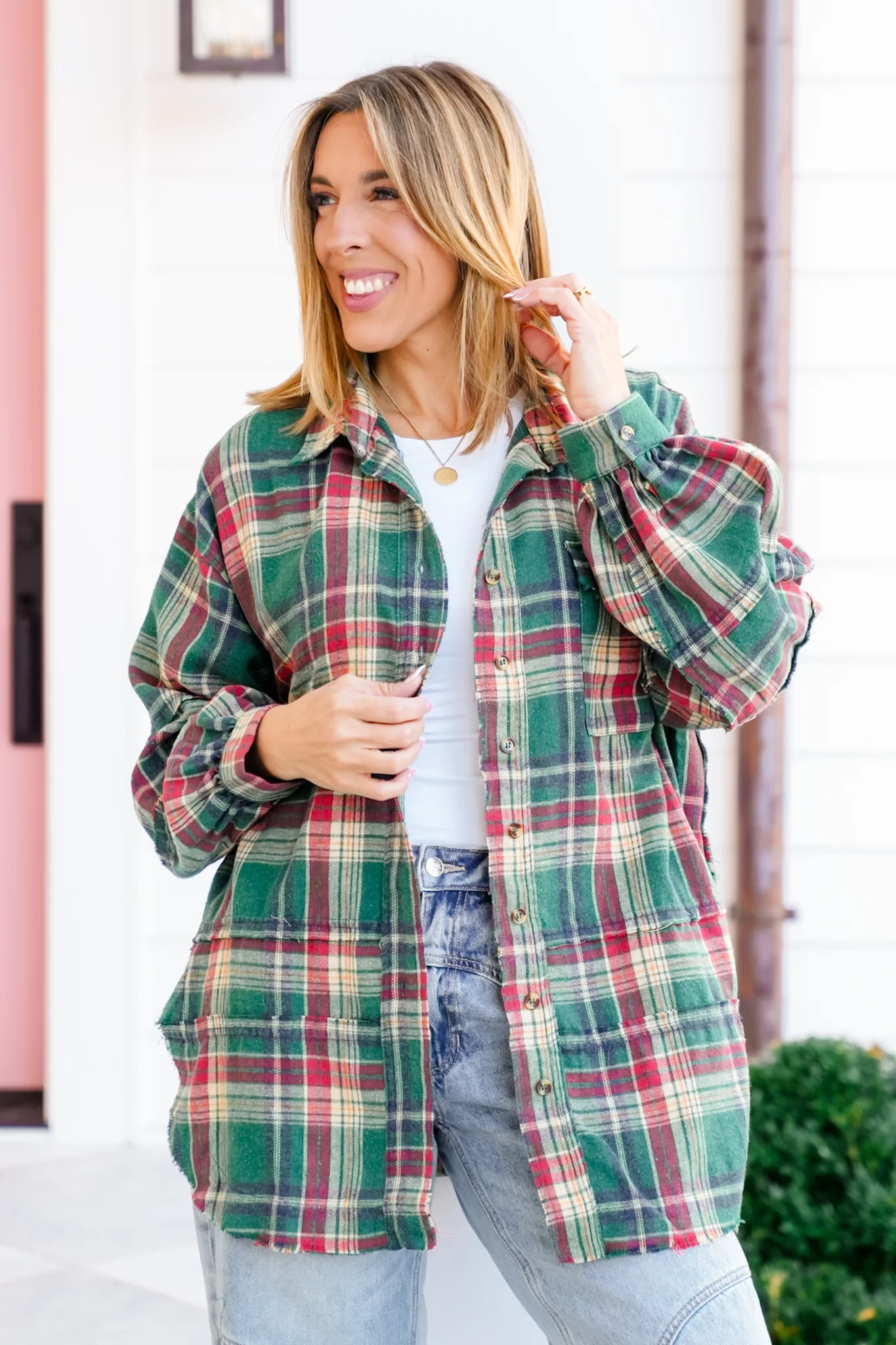 Plus/Reg Plaid Mineral Wash Long Sleeve Button Down Top - Image 3