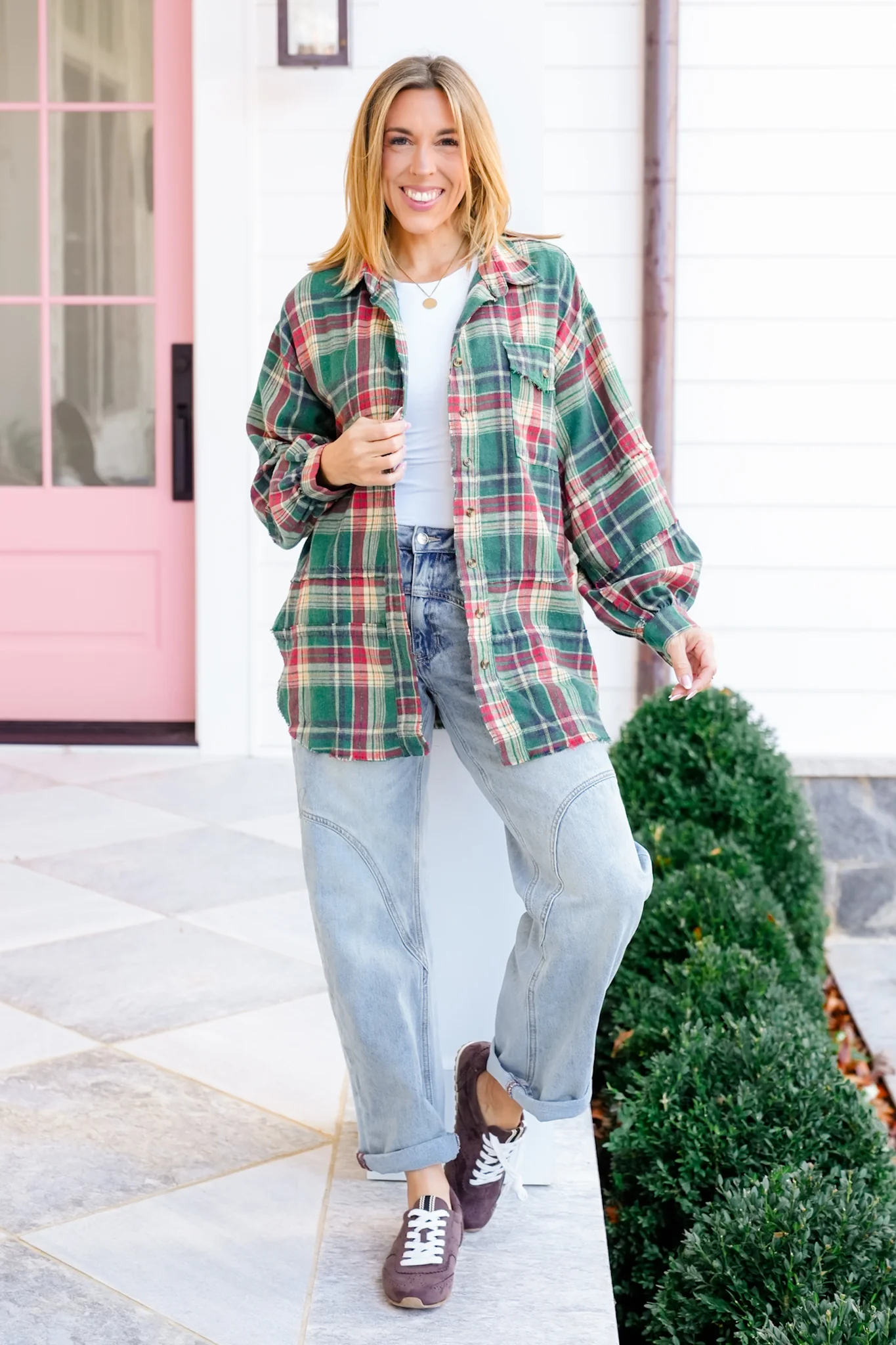 Plus/Reg Plaid Mineral Wash Long Sleeve Button Down Top - Image 5