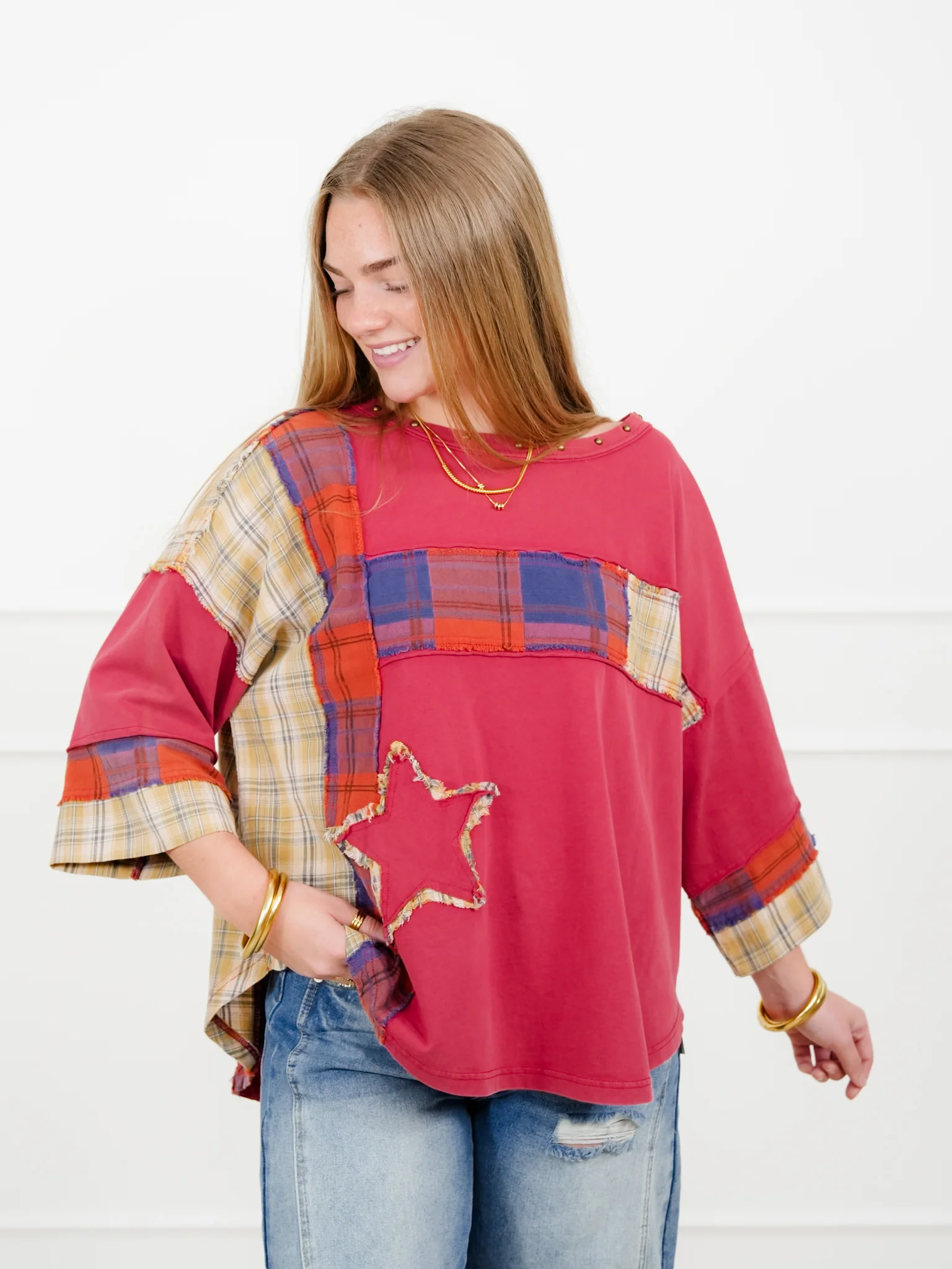 Plaid Mixed 3/4 Sleeve Top with Star Patch - Image 2