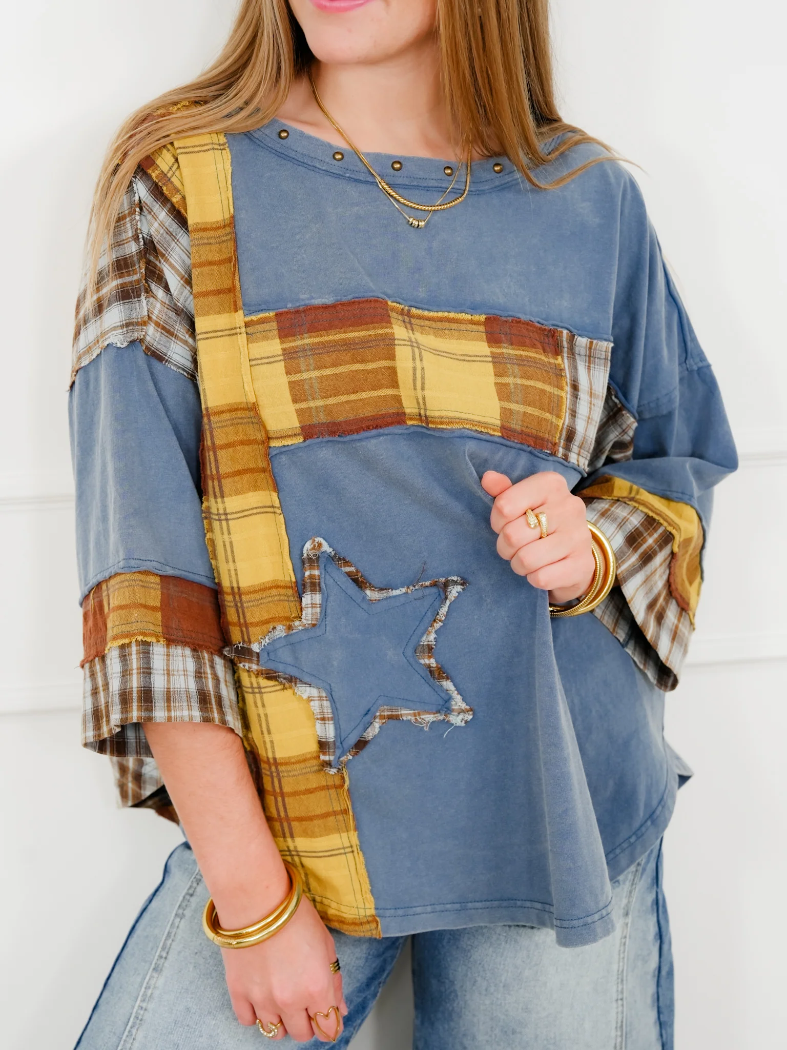 Plaid Mixed 3/4 Sleeve Top with Star Patch - Image 3