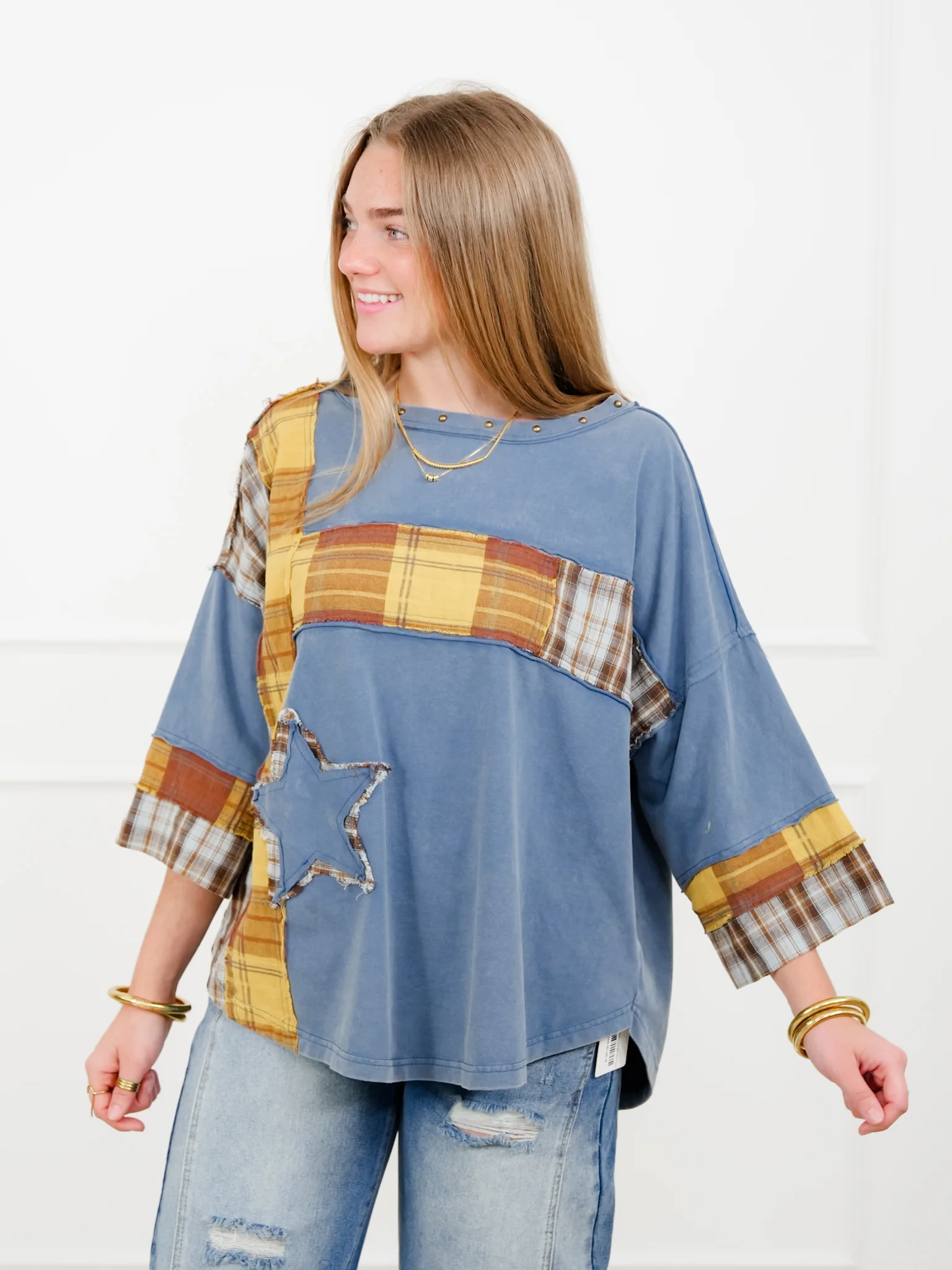 Plaid Mixed 3/4 Sleeve Top with Star Patch - Image 4
