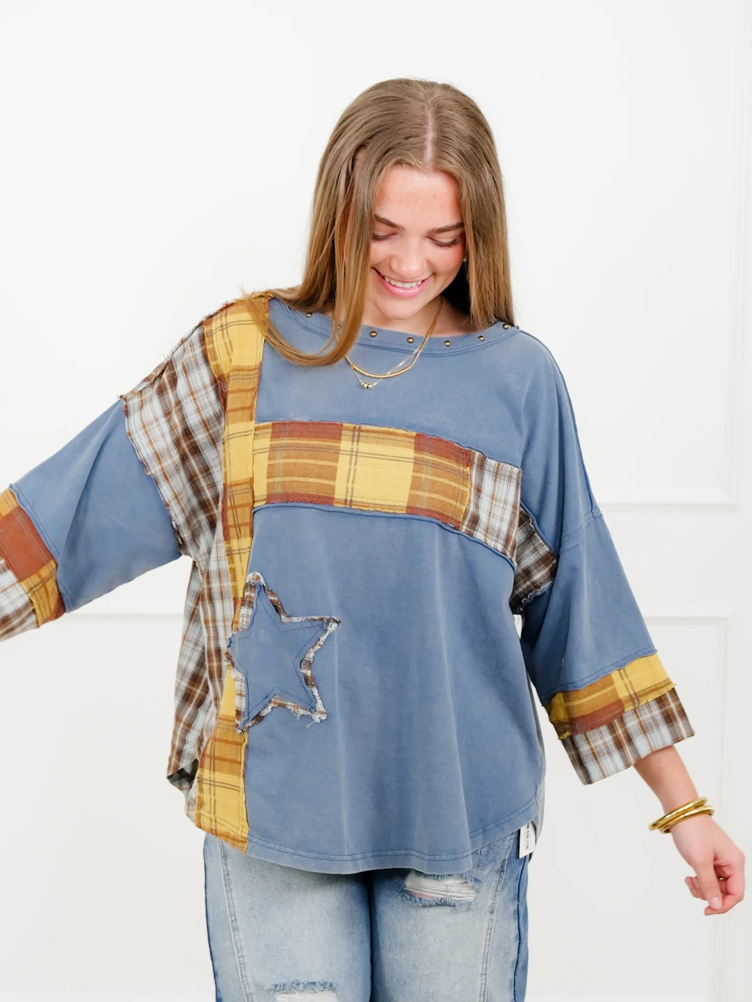 Plaid Mixed 3/4 Sleeve Top with Star Patch - Image 5