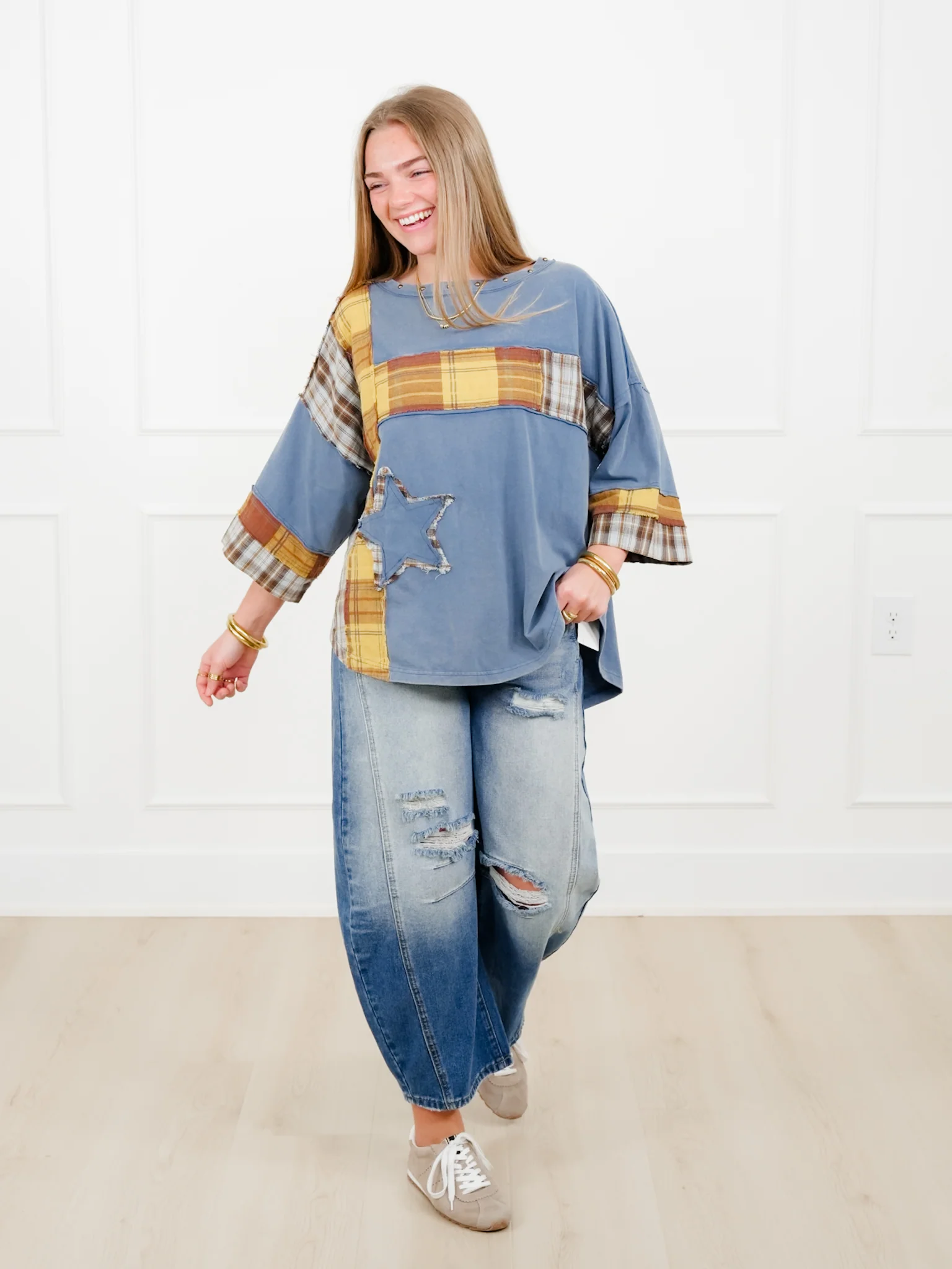 Plaid Mixed 3/4 Sleeve Top with Star Patch - Image 6
