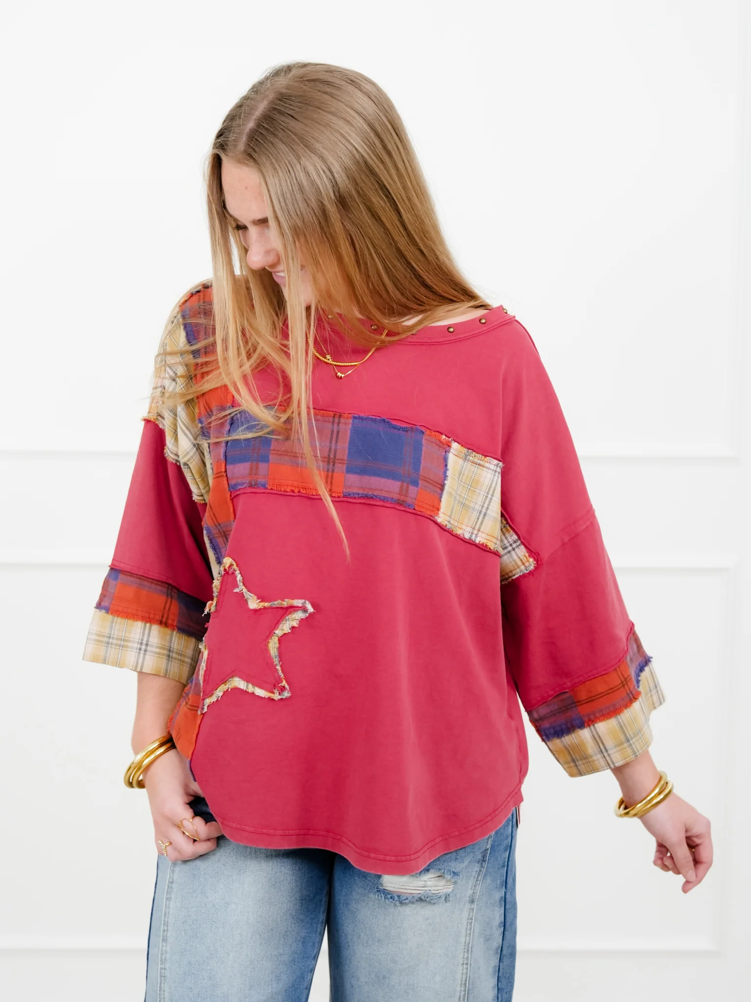 Plaid Mixed 3/4 Sleeve Top with Star Patch - Image 7
