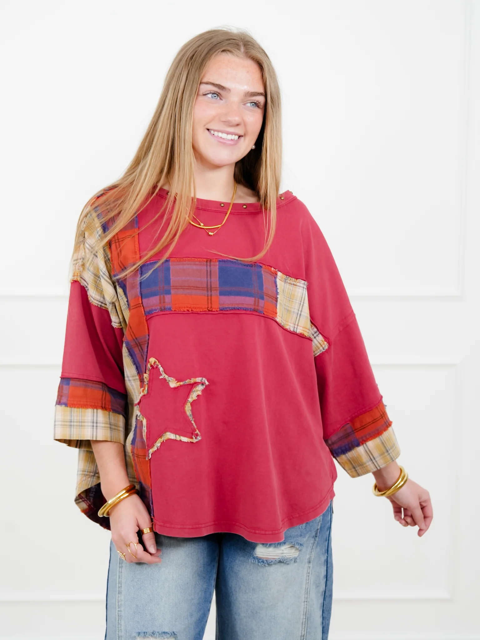 Plaid Mixed 3/4 Sleeve Top with Star Patch - Image 8