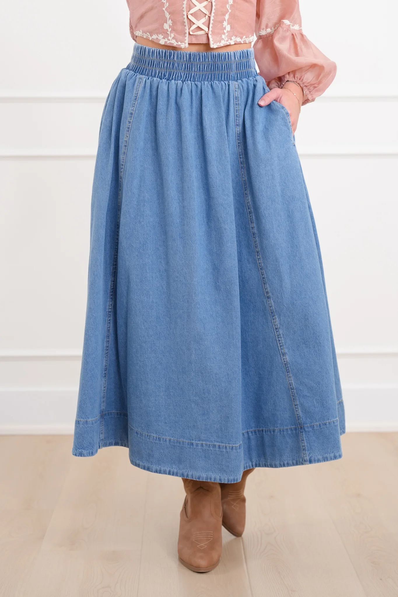 Plus/Reg Elastic Waist Midi Skirt with Side Pockets - Image 8