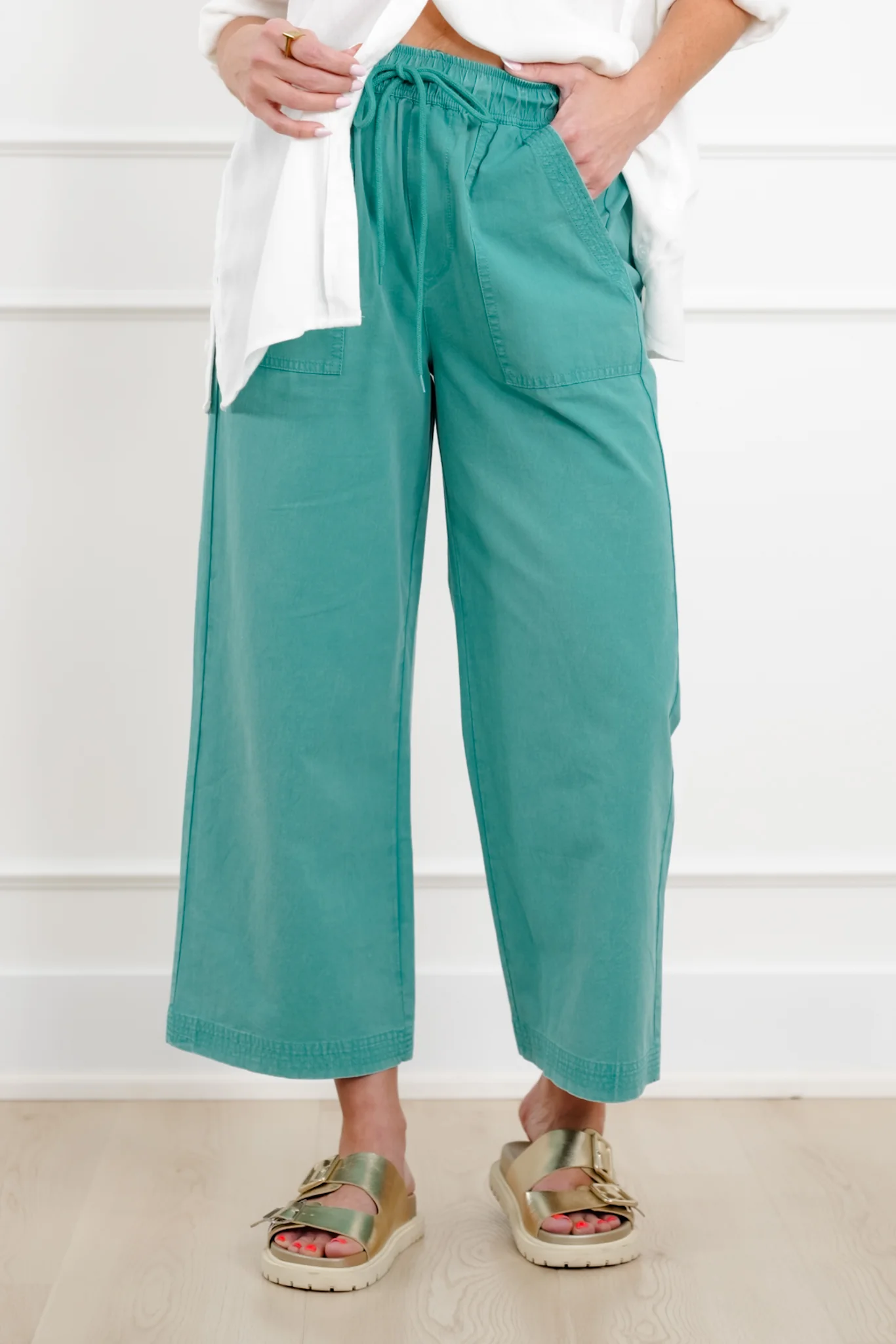 Plus/Reg Acid Wash Elastic Waist Wide Leg Pants - Image 2