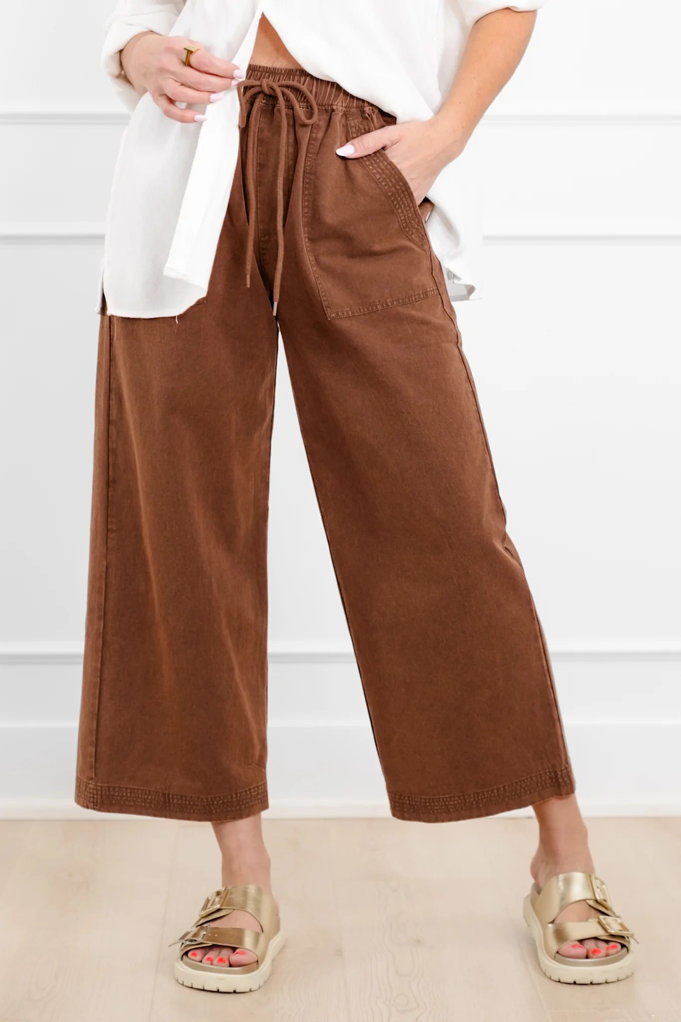 Plus/Reg Acid Wash Elastic Waist Wide Leg Pants - Image 3