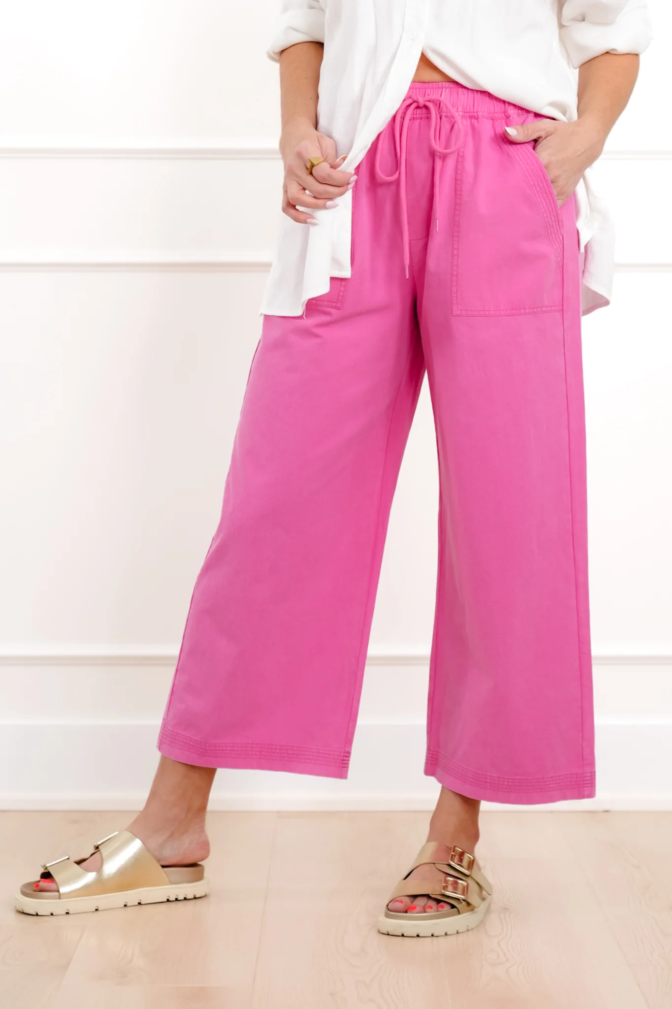 Plus/Reg Acid Wash Elastic Waist Wide Leg Pants - Image 4