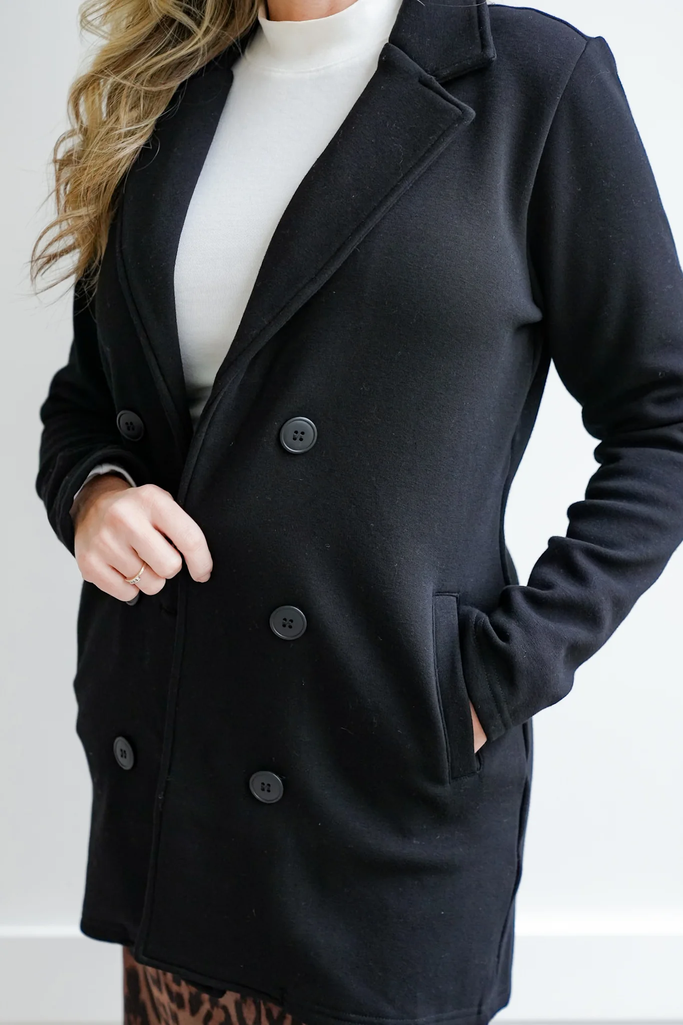 Plus/Reg Black Knit Long Sleeve Double Breasted Blazer - Image 3