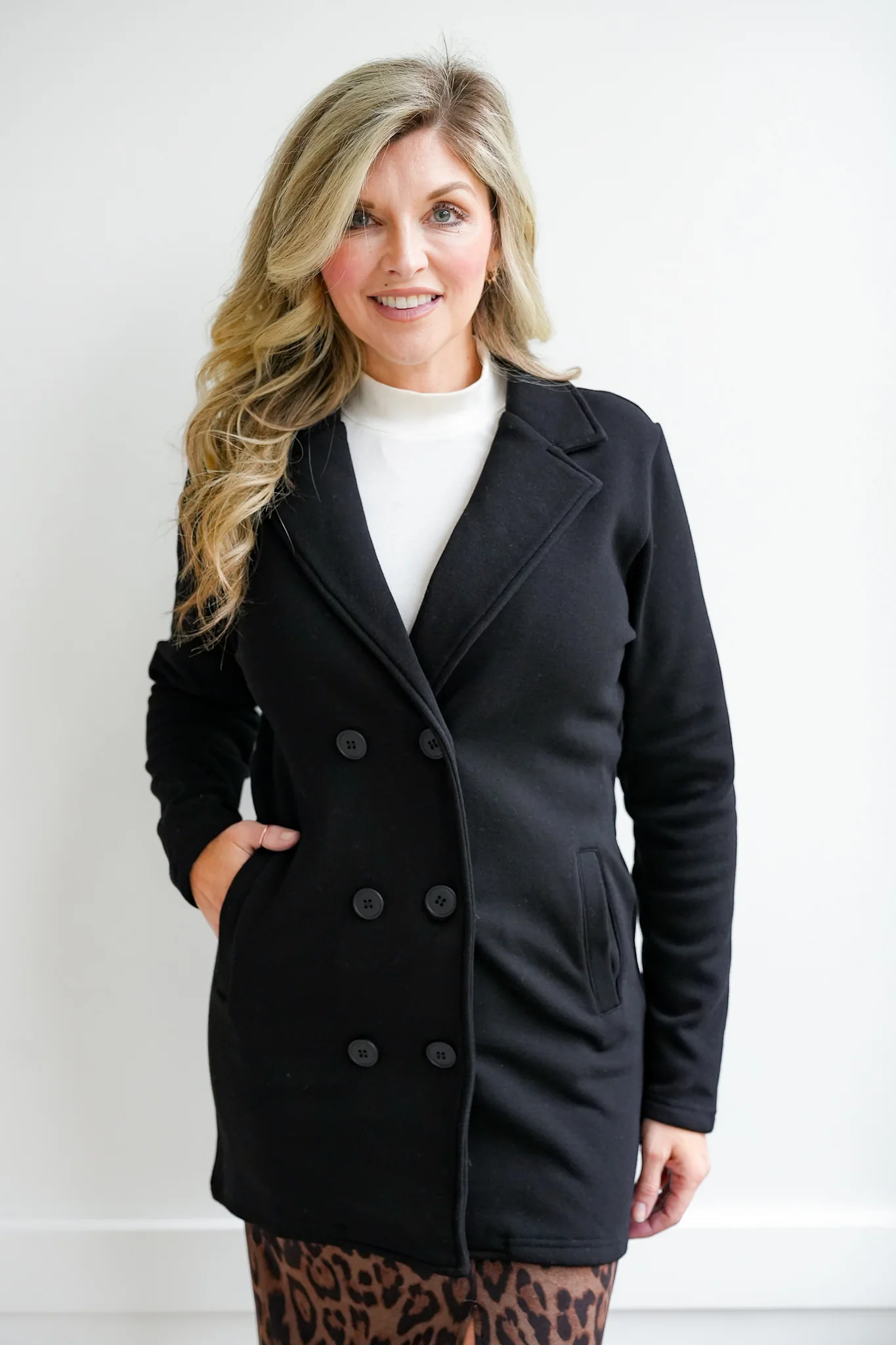Plus/Reg Black Knit Long Sleeve Double Breasted Blazer - Image 5