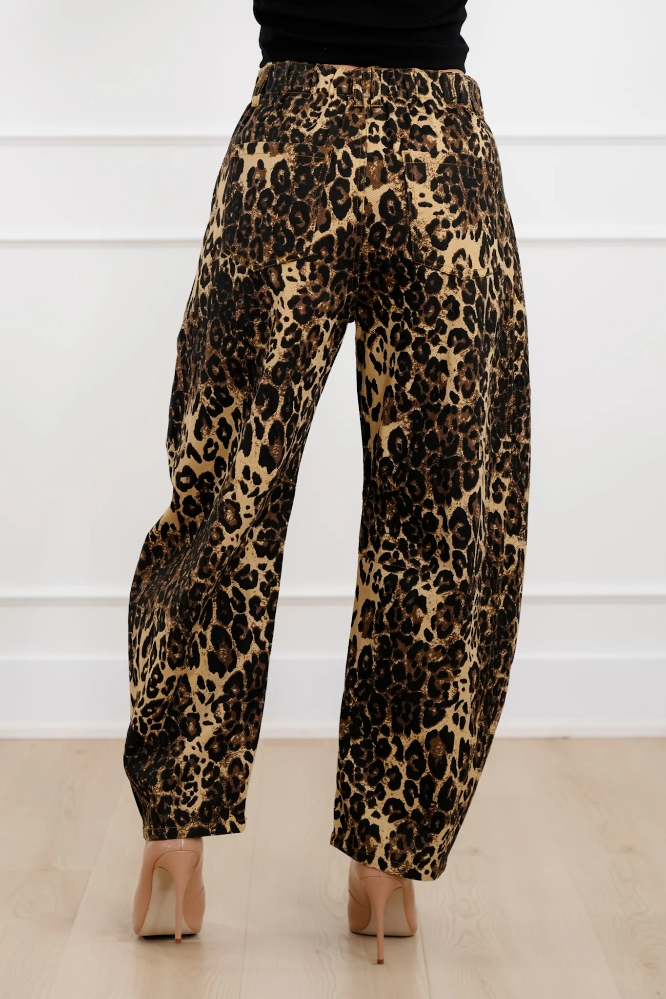 Plus/ Reg Brown Leopard Print Barrel Jeans - Image 5