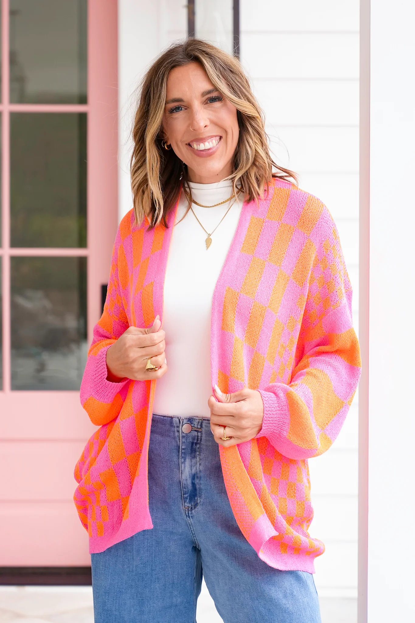 Plus/Reg Checkered Print Long Sleeve Open Cardigan - Image 2