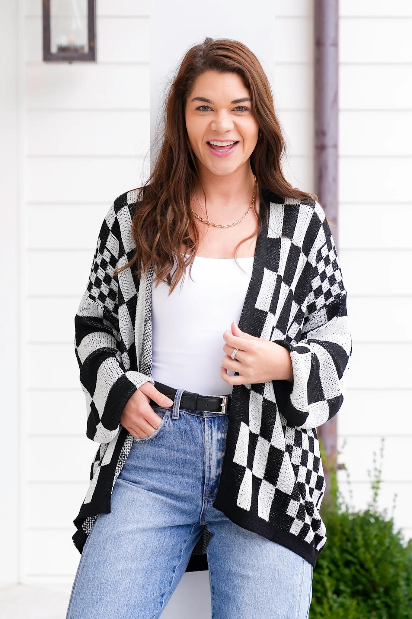 Plus/Reg Checkered Print Long Sleeve Open Cardigan - Image 3