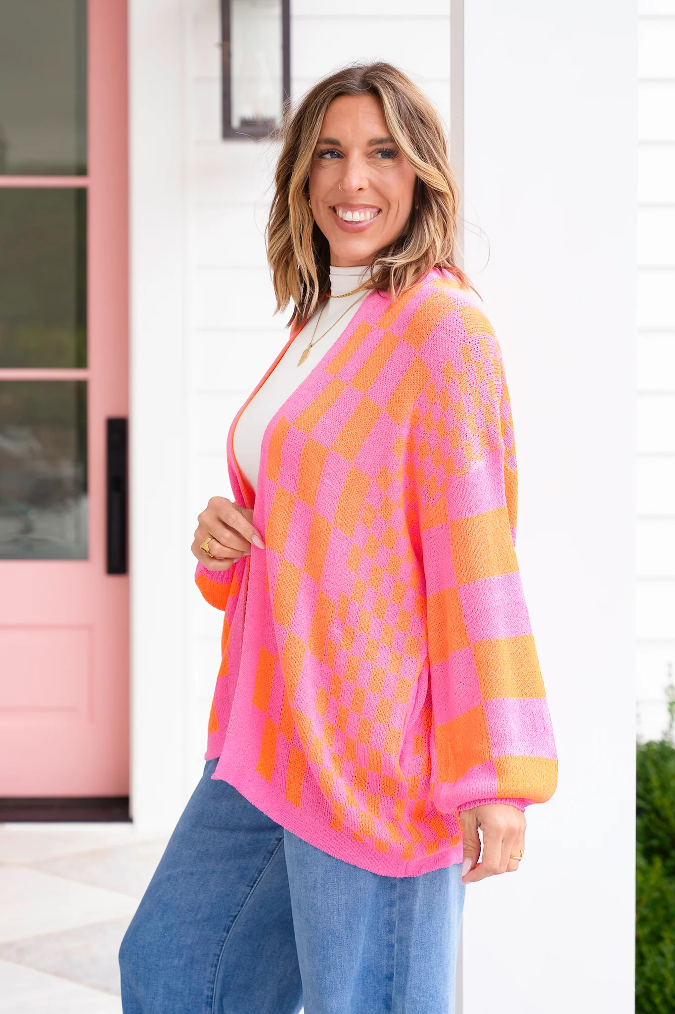 Plus/Reg Checkered Print Long Sleeve Open Cardigan - Image 5
