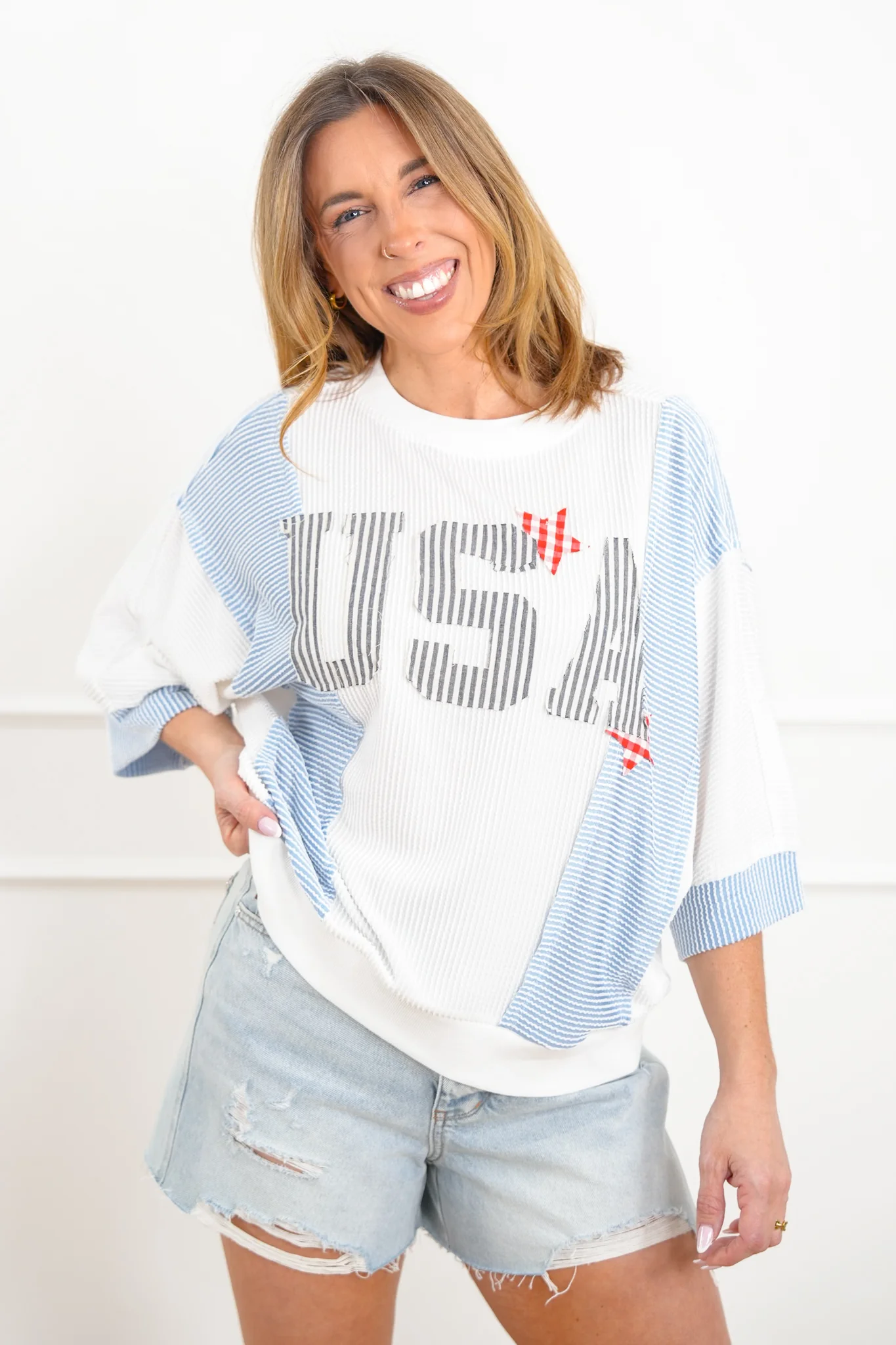 Plus/Reg Color Block "USA" Patch Ribbed Knit Top - Image 2