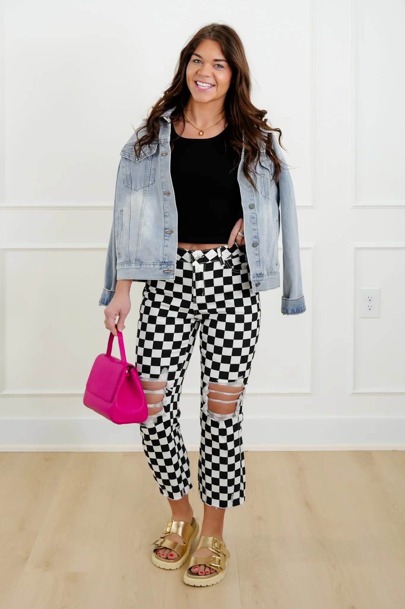 Plus/Reg Distressed Checkered Cropped Jeans - Image 2