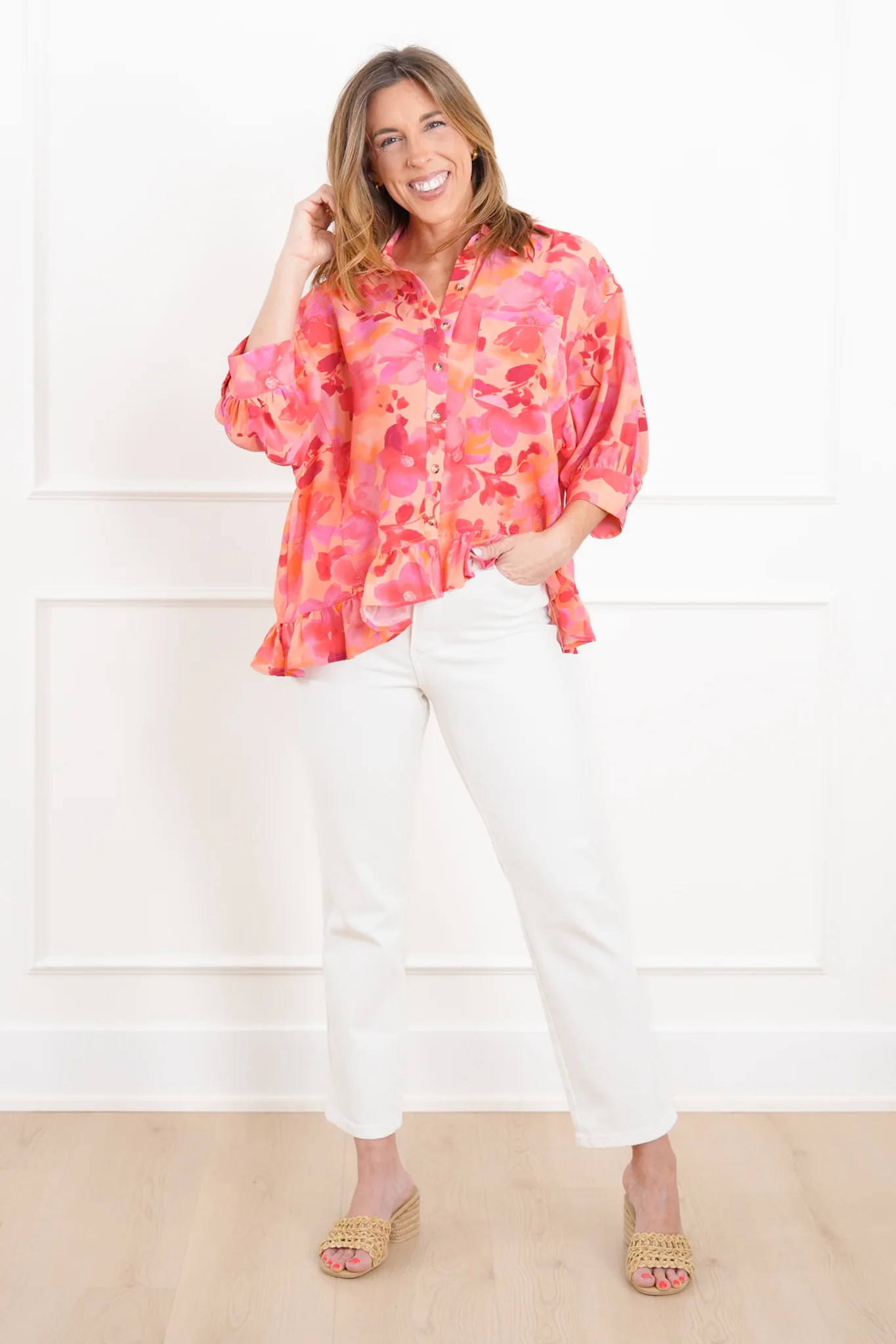 Plus/Reg Floral Print Button Down Ruffle Hem Top - Image 2