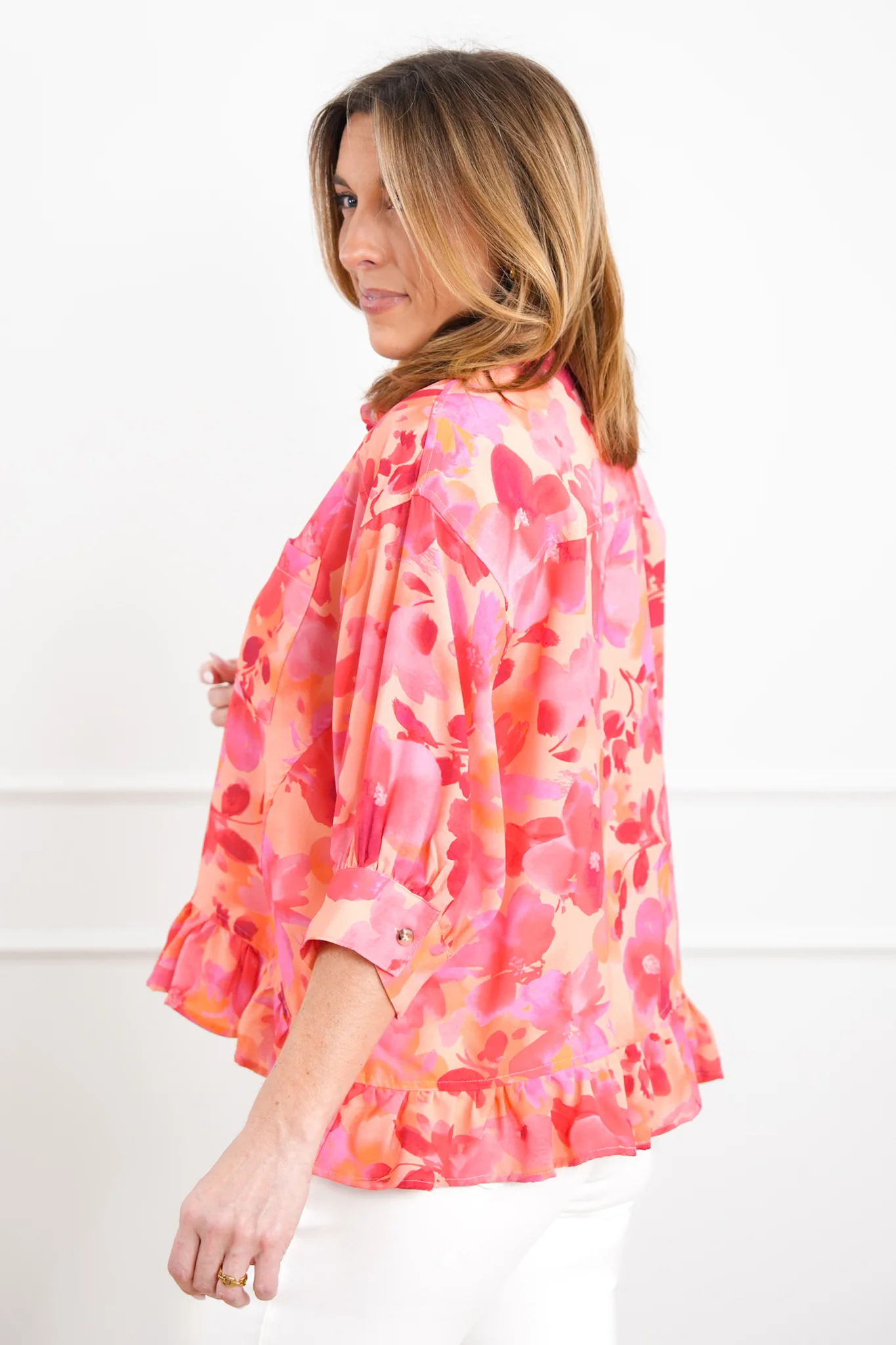 Plus/Reg Floral Print Button Down Ruffle Hem Top - Image 4