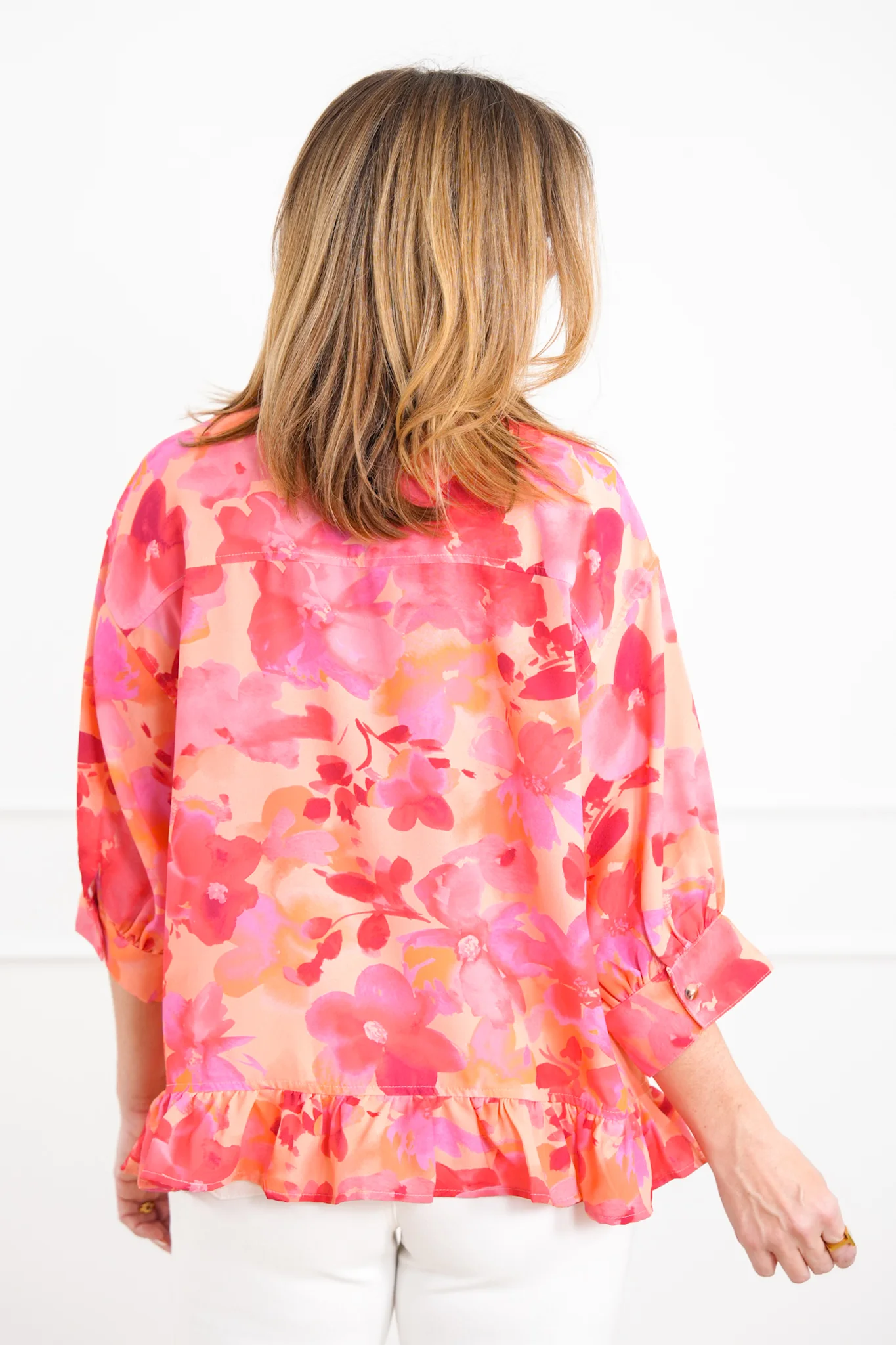 Plus/Reg Floral Print Button Down Ruffle Hem Top - Image 5