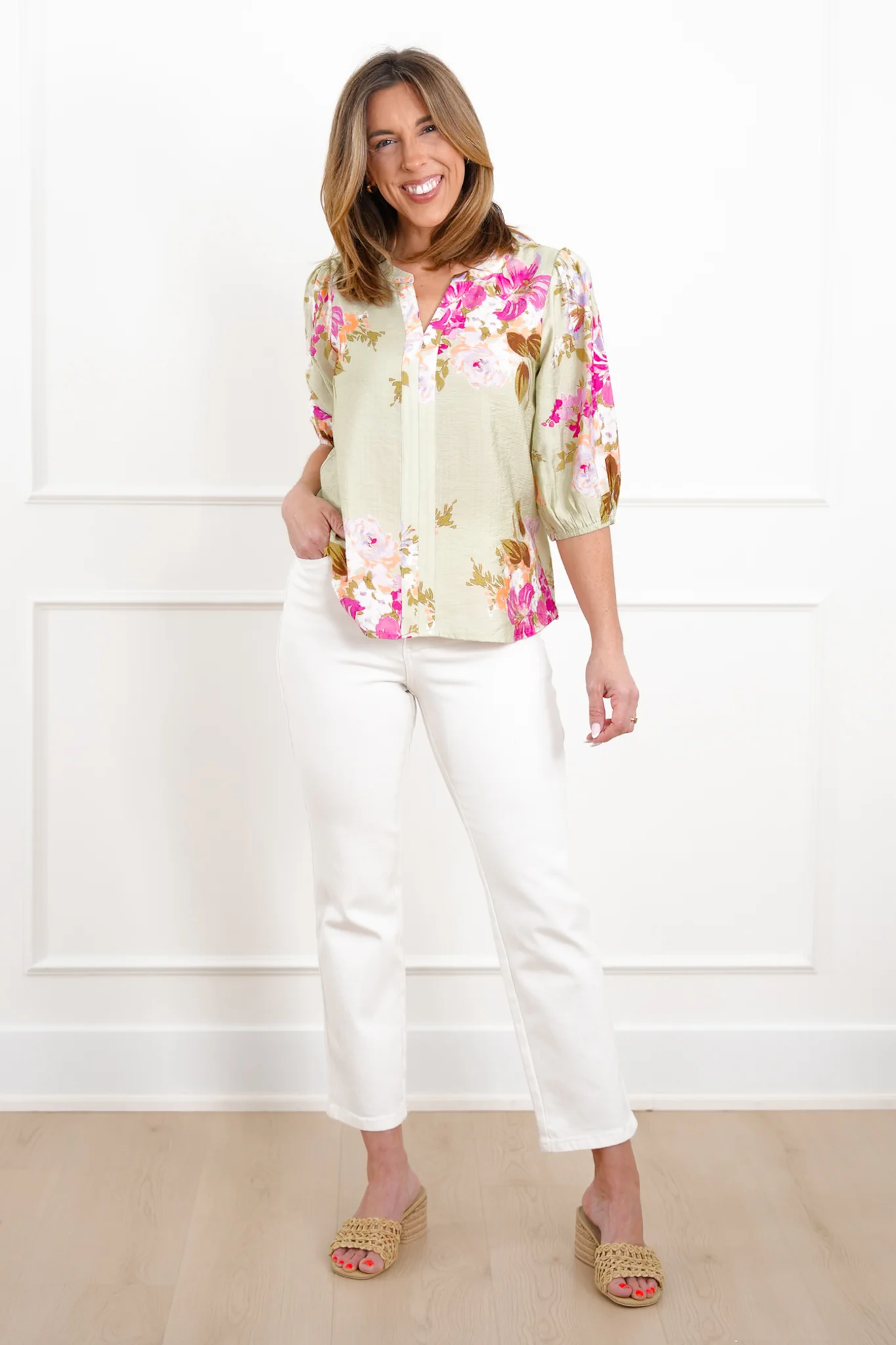 Plus/Reg Floral Print Half Sleeve Split Neck Top - Image 5