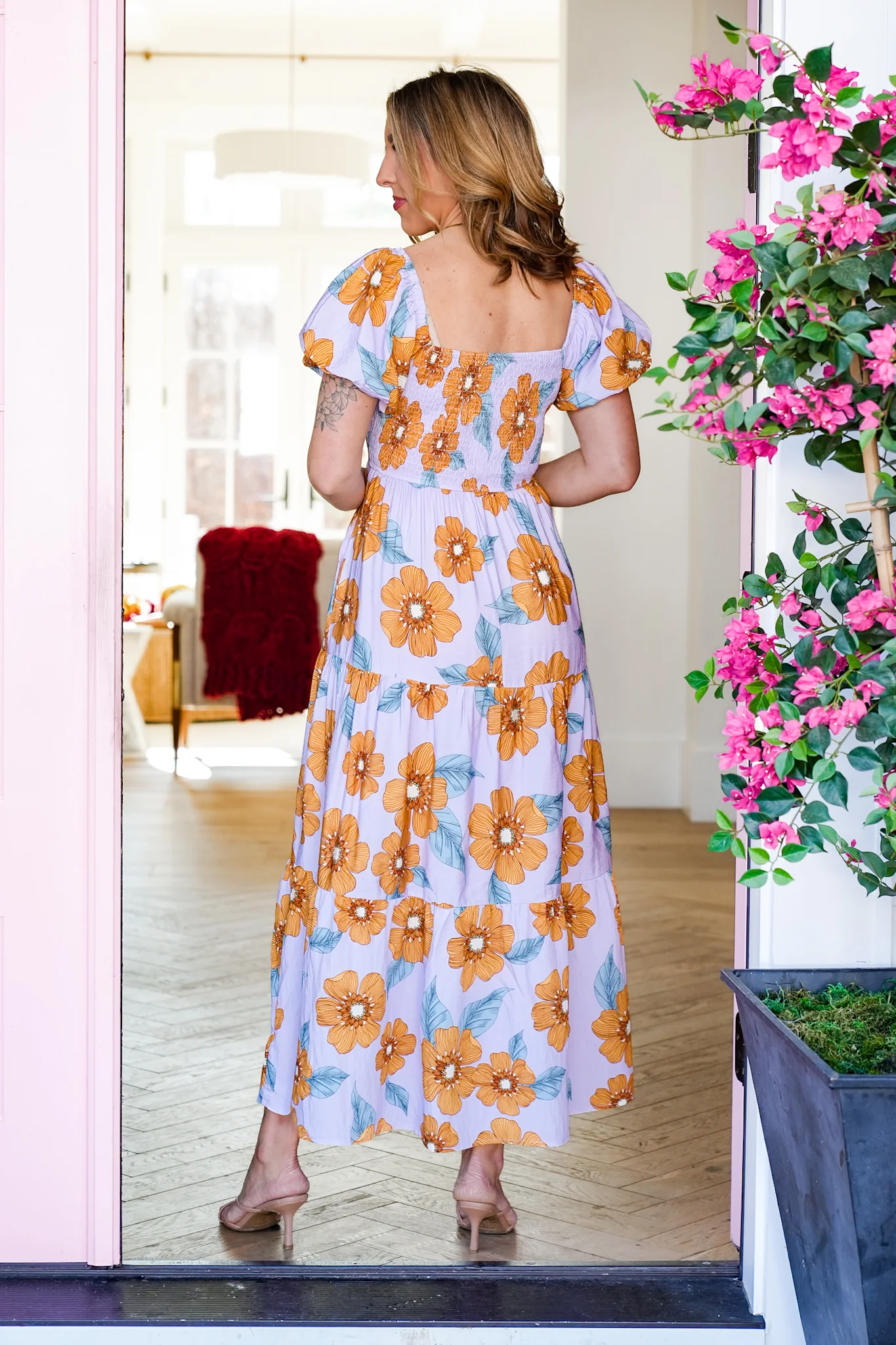 Plus/Reg Floral Print Short Puff Sleeve Midi Dress - Image 3