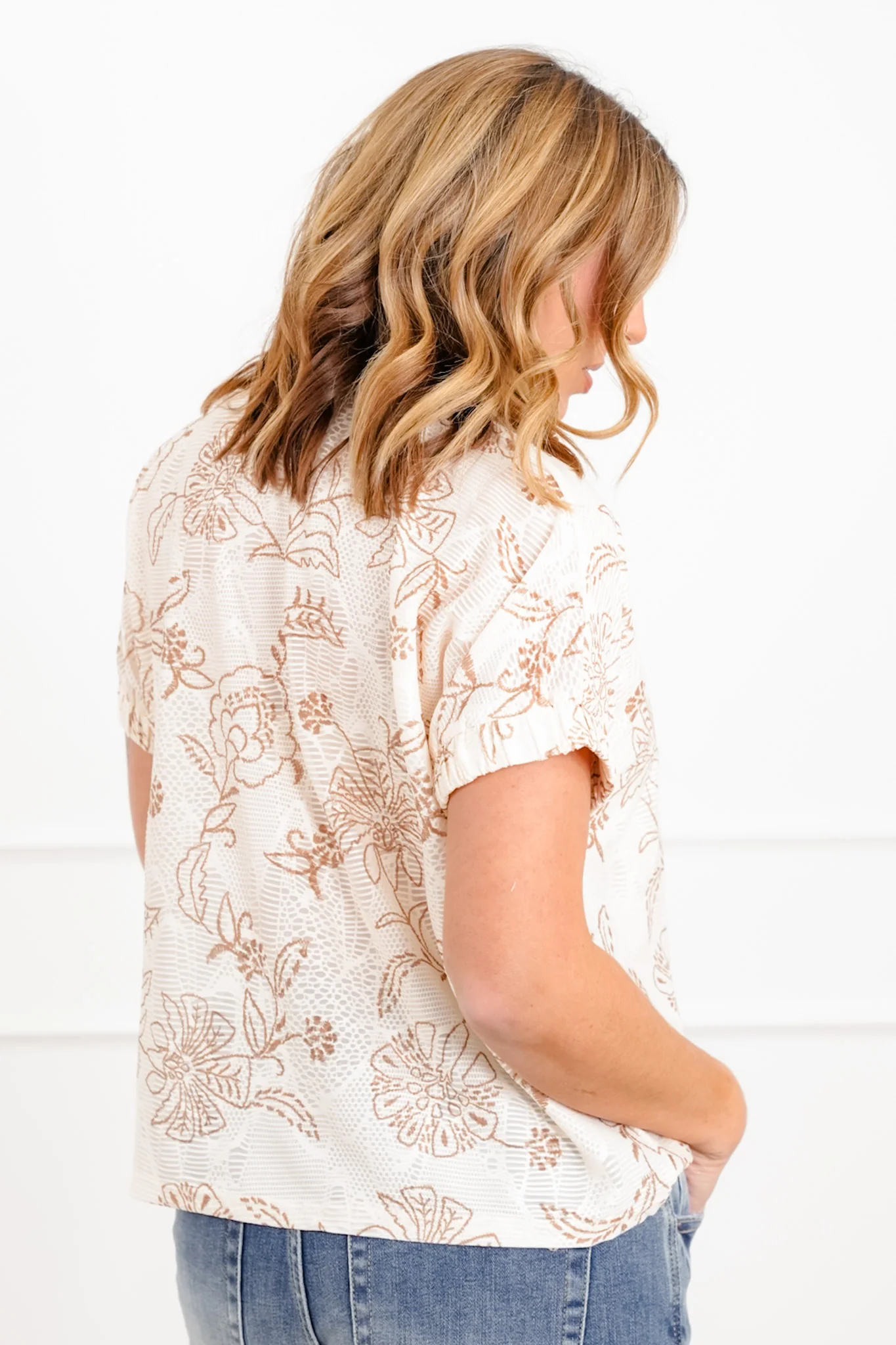Plus/Reg Floral Print Short Sleeve Half Zip Up Top - Image 3