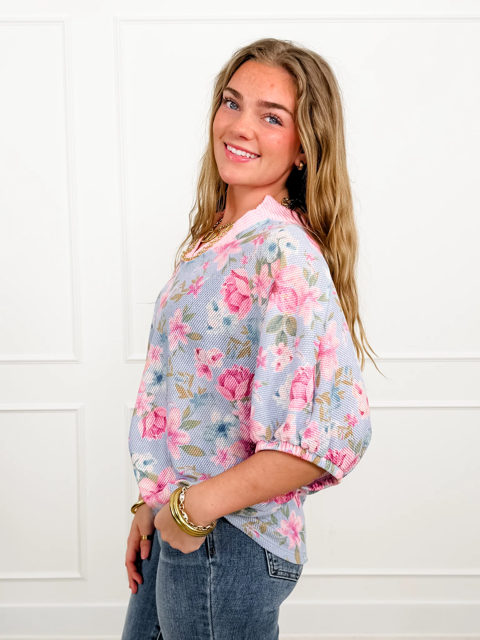 Plus/Reg Floral Print Short Sleeve V Neck Top - Image 2