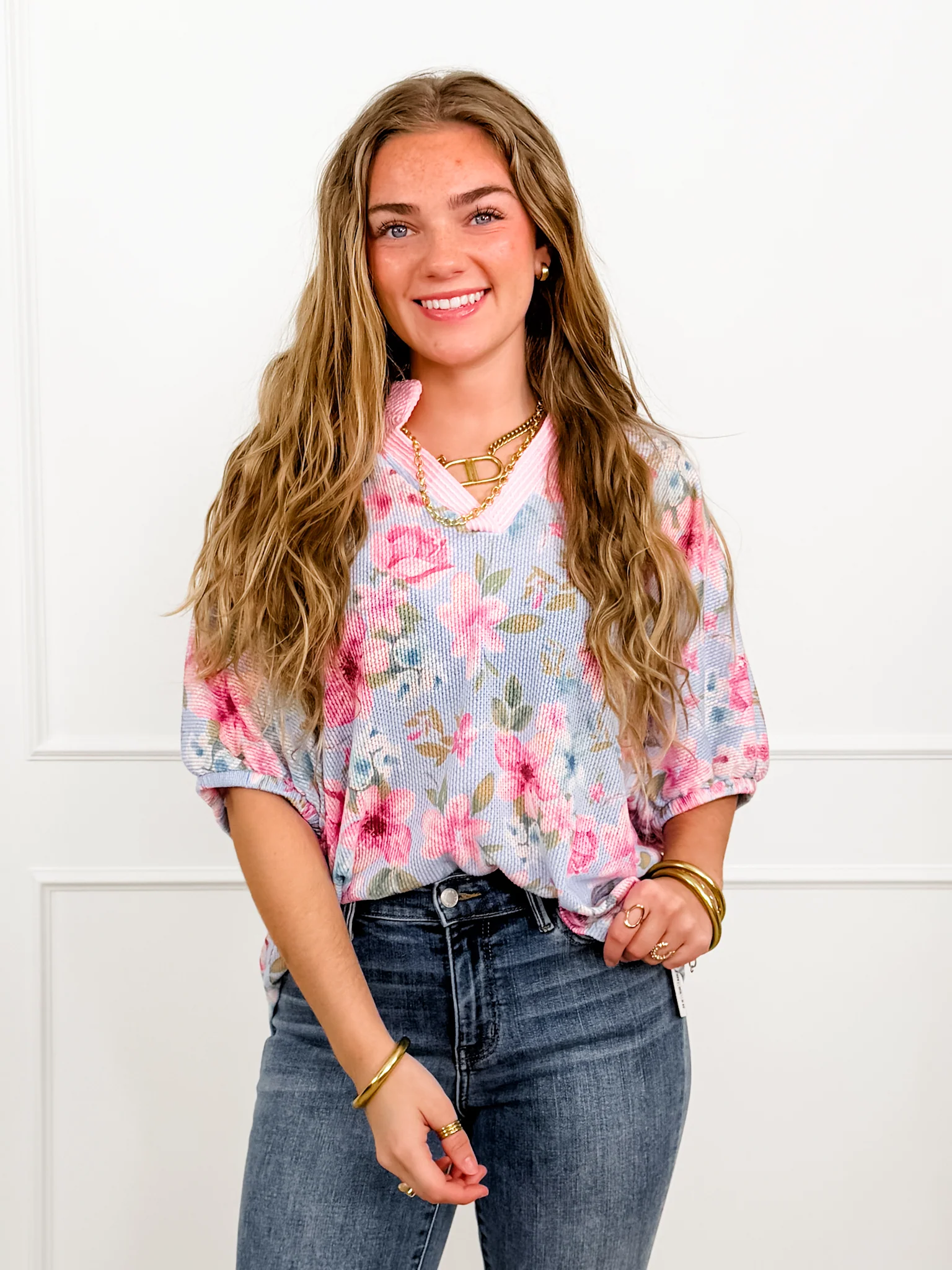 Plus/Reg Floral Print Short Sleeve V Neck Top - Image 4