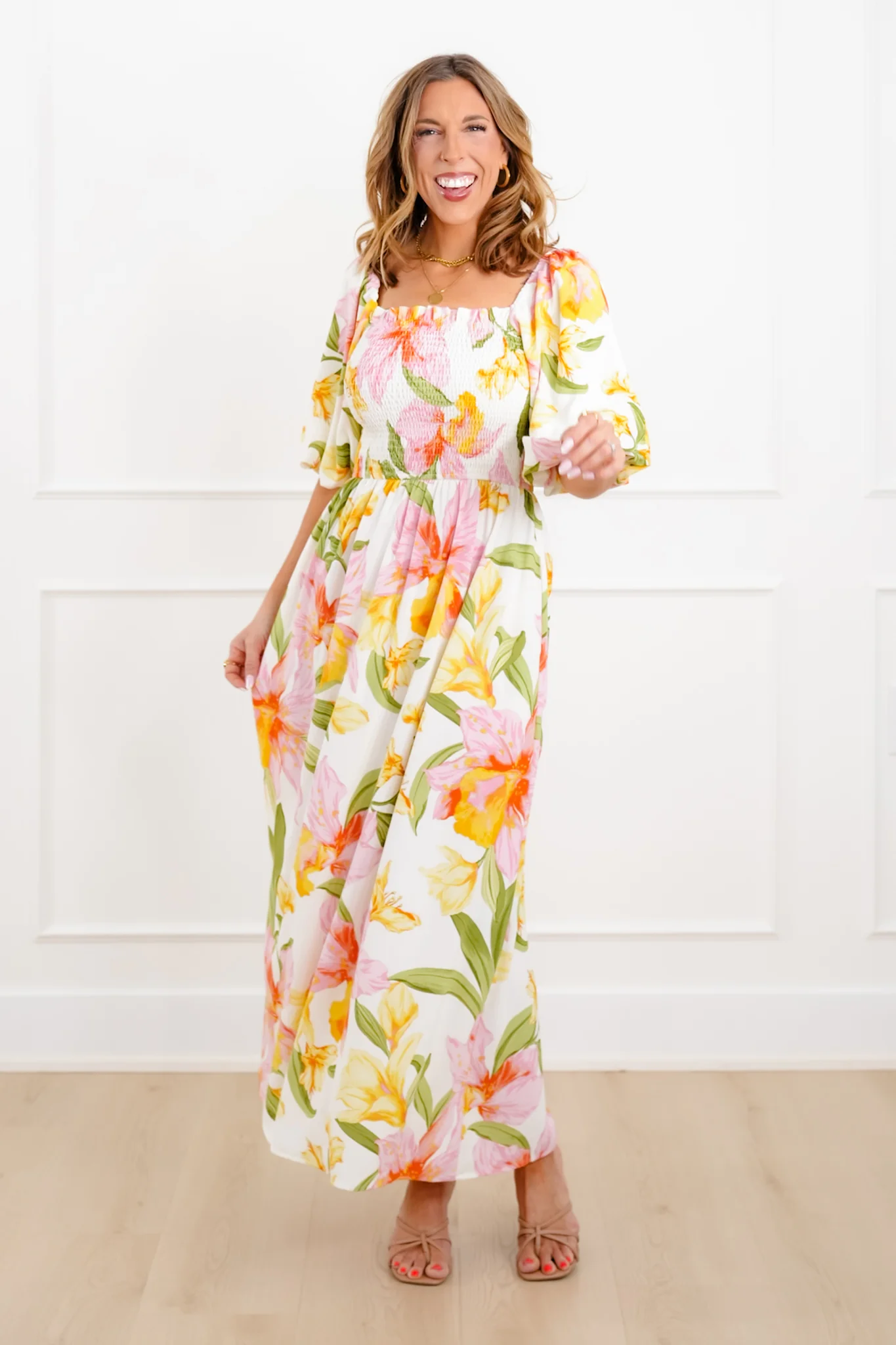 Plus/Reg Floral Puff Sleeve Square Neck Maxi Dress - Image 2