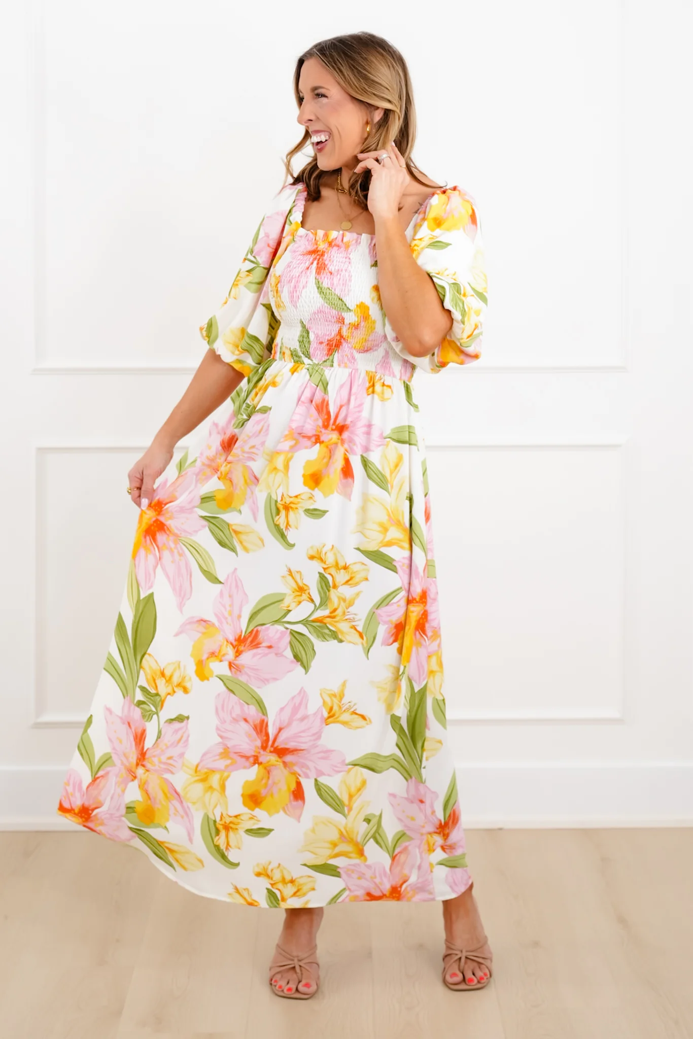 Plus/Reg Floral Puff Sleeve Square Neck Maxi Dress - Image 3