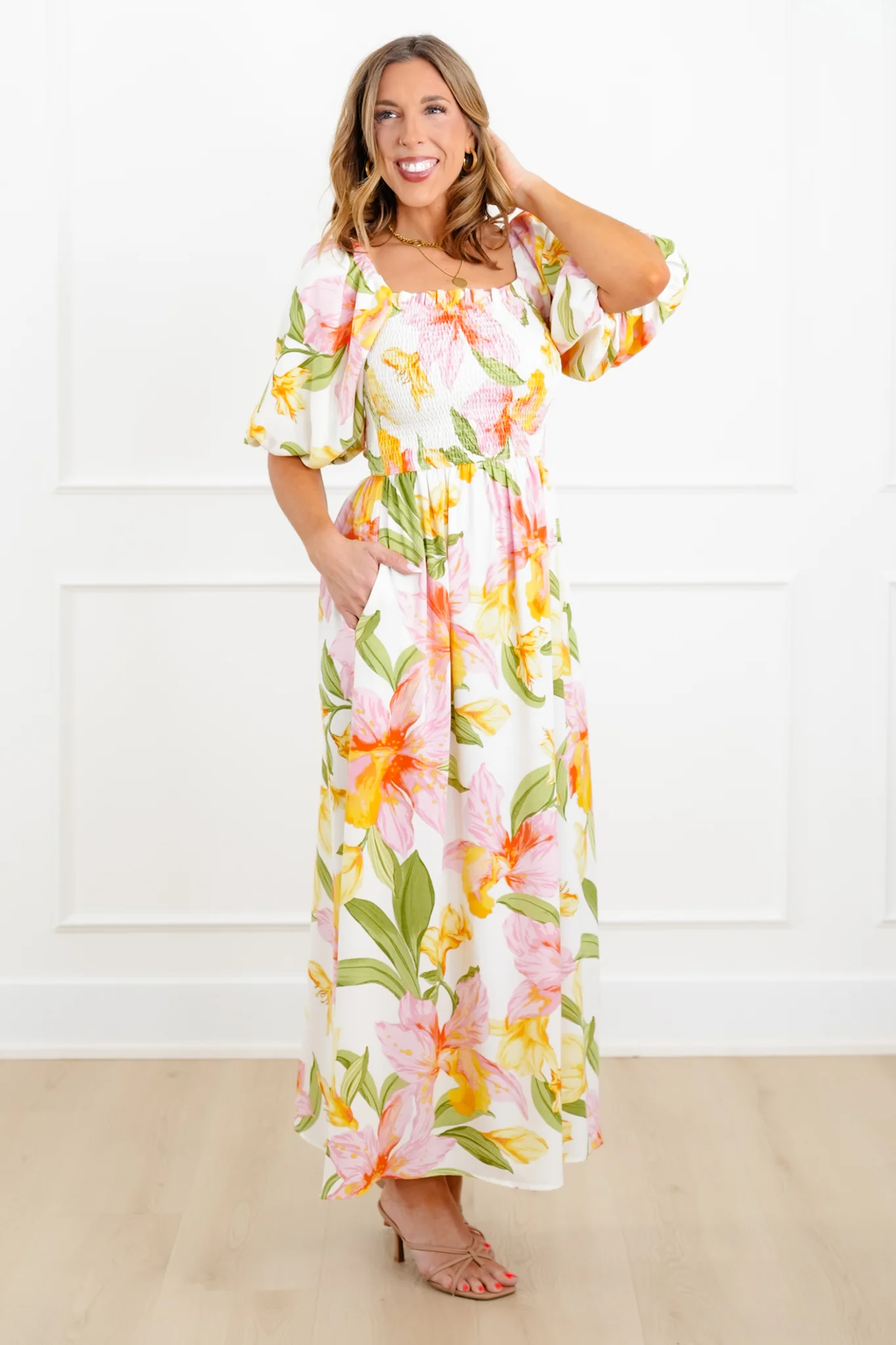 Plus/Reg Floral Puff Sleeve Square Neck Maxi Dress - Image 6