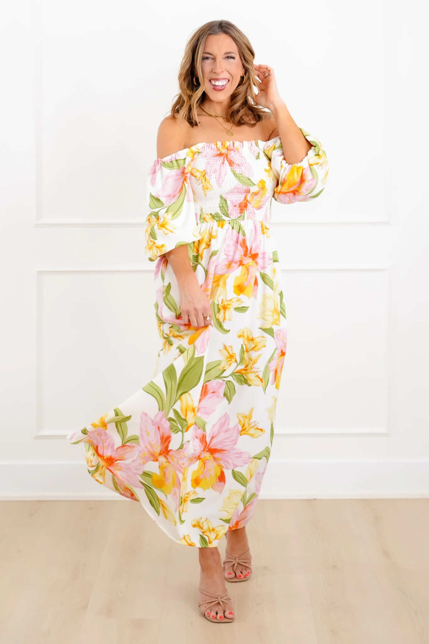 Plus/Reg Floral Puff Sleeve Square Neck Maxi Dress - Image 7